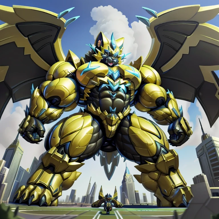 solo (situation 1 : dominating Shiny_Mega_Lucario. Shiny_Mega_Lucario is over 1000 meters long. focus GIANT mechanical Muscular Shiny_Mega_Lucario is trampling the city. Looking down. macro. stomp. Low-angle perspective. emphasizing the immense size.)
(situation 2 :smoke and flames rising from the destruction in the city)
(Additional details 1: wearing a full-face helmet. golden armor. Armored Flazzard. Armored_Flazzard. high-tech bio-mecha armor. real texture material. whole body shines like metal. Wearing cyberpunk mecha. emphasizes the muscles. suit fully made of metal. intricate armor. Robotic suit. suit fully made of metal. cyborg. no face.).
(Additional details 2: (Detailed head. Detailed Body. Detailed abs. gigantic muscles. HYPER MUSCLES. Gigachad Muscular. big muscle. pecs. triceps. traps. unusually developed muscular body. body full of huge muscles. showing off muscles. pectorales enormes. Exaggeratedly huge muscles. huge muscles. long legs.).
(Additional details 3: Spread wings. It has wings. have big wings. The claws are sharp. Sharp teeth).
(Additional details 4: golden hyper penis. hyper golden penis. big penis)