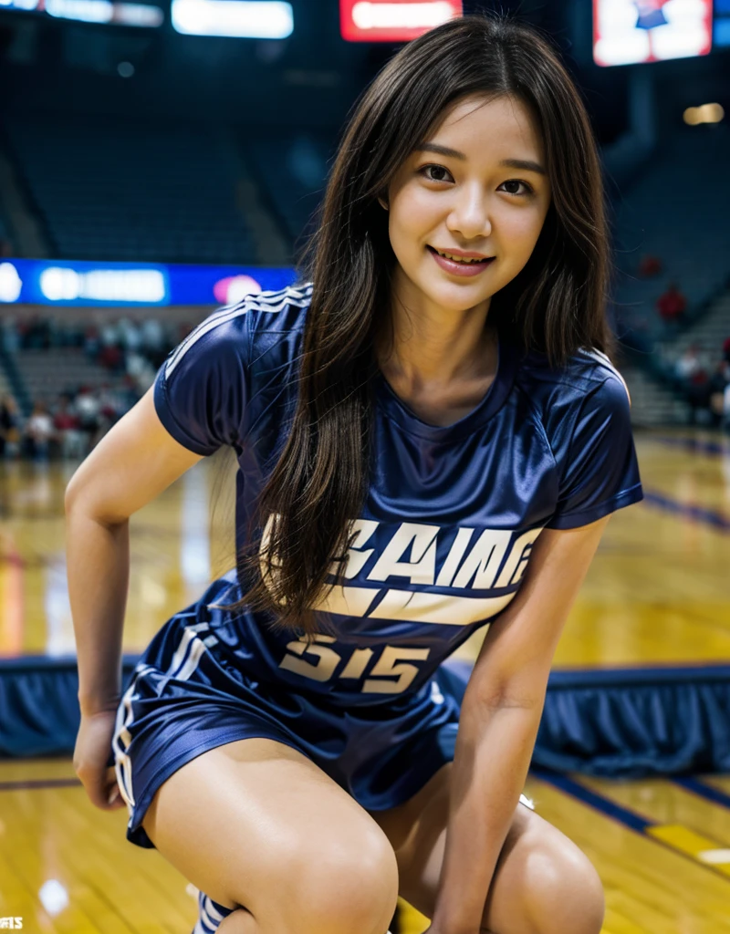basketball  jersey, huge tits, ponytail, smile, very tall pretty woman, black hair, standing near the hoop,