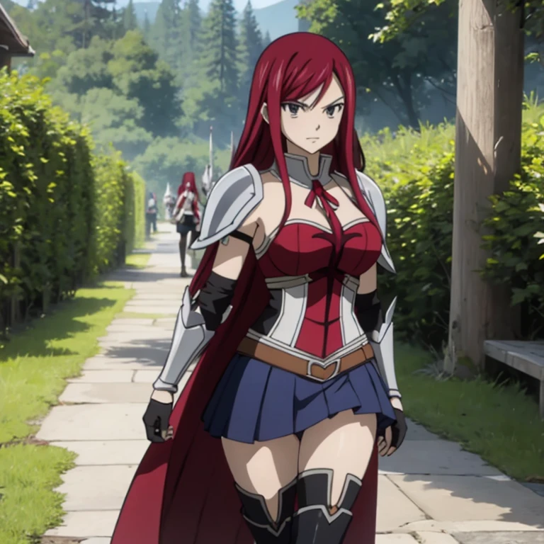 Erza Scarlet (Fairy Tail),Solo, 1girl, Masterpiece, High Resolution, Best Quality, Super Detailed, Sharp Focus, Full Body, Scarlet Hair, Large breasts, Diamond-shape Silver Earrings, Brown Eyes, Long Hair, Slender, Voluptuous Figure, Fairy Tail Mark Tattoo on Left Arm, A Custom-Made Armor by Heart Kreuz Smiths, A Blue skirt, Black Boots