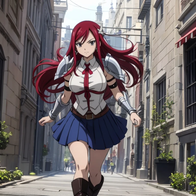 Erza Scarlet (Fairy Tail),Solo, 1girl, Masterpiece, High Resolution, Best Quality, Super Detailed, Sharp Focus, Full Body, Scarlet Hair, Large breasts, Diamond-shape Silver Earrings, Brown Eyes, Long Hair, Slender, Voluptuous Figure, Fairy Tail Mark Tattoo on Left Arm, A Custom-Made Armor by Heart Kreuz Smiths, A Blue skirt, Black Boots