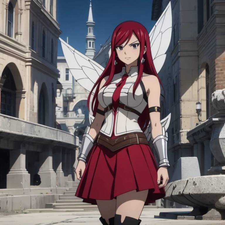 Erza Scarlet (Fairy Tail),Solo, 1girl, Masterpiece, High Resolution, Best Quality, Super Detailed, Sharp Focus, Full Body, Scarlet Hair, Large breasts, Diamond-shape Silver Earrings, Brown Eyes, Long Hair, Slender, Voluptuous Figure, Fairy Tail Mark Tattoo on Left Arm, A Custom-Made Armor by Heart Kreuz Smiths, A Blue skirt, Black Boots