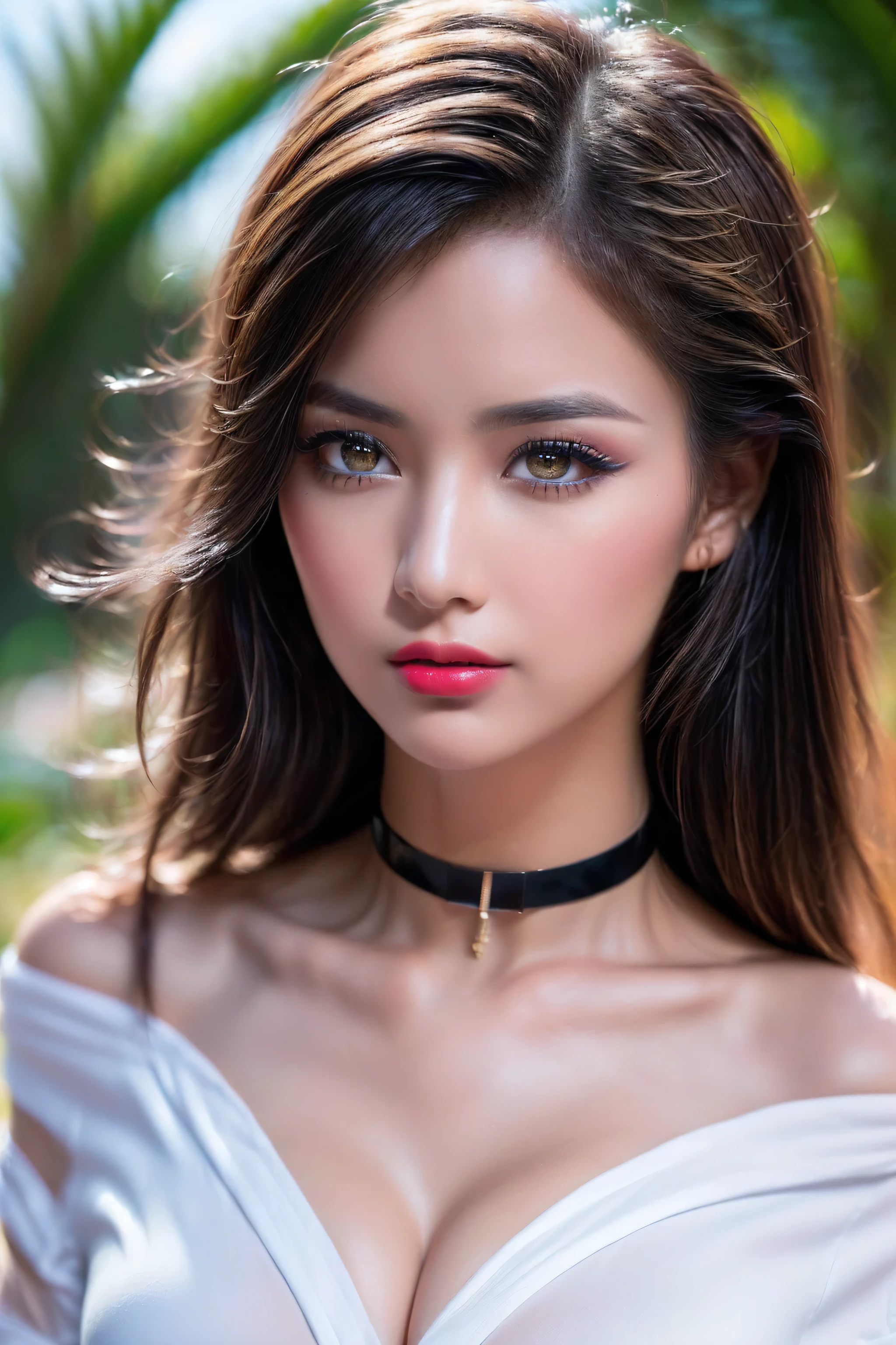(Best quality, 8k, Masterpiece :1.3), (realistic, photorealistic: 1.37), (1girl), (Pretty woman in her 20s), (slim), (emphasizing slender abs :1.3), (Korean), (tight, wet and transparent dress), (visible thongs), (choker on neck), (random sexy pose, spread legs), (large breasts :1.3), (outdoors), (Ultra-detailed face), (Detailed eyes), (Double eyelids), (eyeshadow intensifying), (many eyelashes), (perfect body), (long legs), (professional lighting), (photon mapping), (radiosity), (looking directly at viewer), Lace bra, rainbow hair