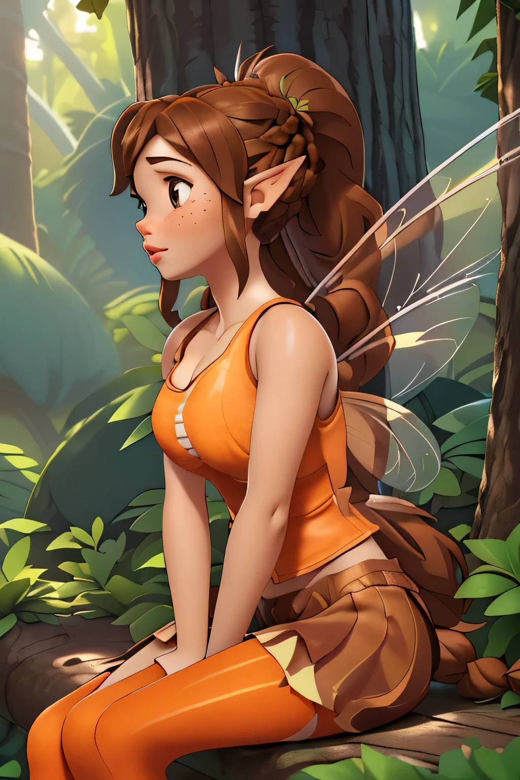 1girl in, ***18, Fawn Waifu, photo of perfect woman, miniature ferry, Solo, (miniature girl and a huge world: 1.2), Aesthetic artwork, (long brown hair, very long brunette braided ponytail:1.25), (some small freckles, pale skin, large breasts, D-cup, runners body, very thin waist, skinny, petite, detailed skin texture), (fairy wings, big fairy wings, fairy ears: 1.33), ((she is wearing a orange tank top, high socks, sexy, innocent, cleavage, low cut tops: 1.5), (sitting at the base of an absolutely massive tree dwang everything around it, godrays shining down through the trees, seductive eyes, glossy lips, focus on breasts:1.2), (surrounded by huge flowers and trees, tiny girl surrounded by giant objects, detailed outdoor park:1.3), (extremely detailed 8k wallpaper), soft lighting, high quality, film grain, Fujifilm XT3 sharp focus, f 5.6, 50mm, High Detail, Sharp focus,(natural light), crazy details, complex details, hyper detailed. (cowboy photo:1.2), light particles, sfw