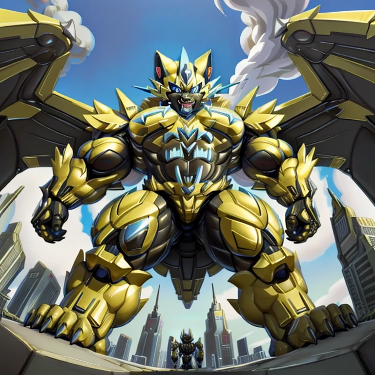 (masterpiece. official art. 8k. best quality. detailed full body. full body.)
(situation 1 : dominating zeraora. focus GIANT mechanical Muscular zeraora is trampling the CITY. macro. stomp. Low-angle perspective. emphasizing the immense size. The perspective is from below, emphasizing the sheer majesty and power of the Giant. giant art. He is much bigger than a skyscraper. Giga Giants. micro soccer field. looking down.)

(situation 2 :smoke and flames rising from the destruction in the city)

(Additional details 1: wearing a full-face helmet. helmet is jet black. The color of NANOSUIT is jet black. high-tech bio-mecha armor. real texture material. whole body shines like metal. Wearing cyberpunk mecha. emphasizes the muscles. suit fully made of metal. intricate armor. Robotic suit. suit fully made of metal. no face.). (zeraora has 5 toes.) Wearing a Full Face Toxic Gas Mask. no blue.
An arrogant expression.
smile at the corner of your mouth.

(Additional details 2: (Detailed head. Detailed Body. Detailed abs. gigantic muscles. HYPER MUSCLES. Gigachad Muscular. big muscle. pecs. triceps. traps. unusually developed muscular body. body full of huge muscles. showing off muscles. pectorales enormes. Exaggeratedly huge muscles. huge muscles. long legs.).
A colossal titan towering over a city, with a horrified crowd looking up.
(Additional details 3: nj5furry, Spread wings. It has wings. black have big wings. The claws are sharp. Sharp teeth.5 toes.).  