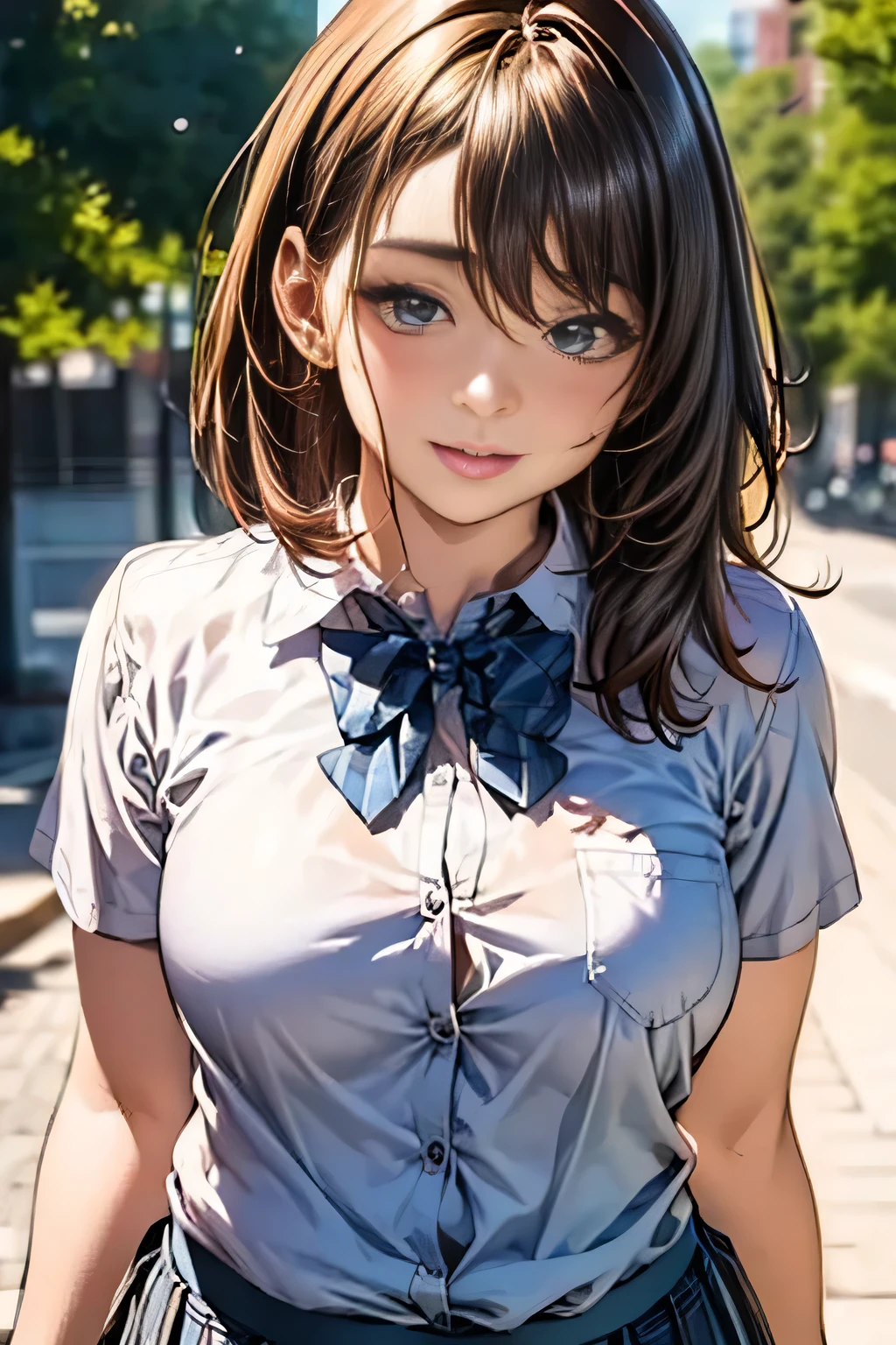 (masterpiece:1.3, top-quality, ultra high resolution, ultra detailed), (realistic, photorealistic:1.4), beautiful illustration, perfect lighting, natural lighting, depth of fields,
beautiful detailed hair, beautiful detailed face, beautiful detailed eyes, beautiful clavicle, beautiful body, beautiful chest, beautiful thigh, beautiful legs, beautiful hands,
looking at viewer, (face focus, upper body), 1 girl, NikkeNag, high school girl, (perfect anatomy, anatomically correct), cute and symmetrical face, babyface, perfect face, perfect eyes,
(long hair, side ponytail, brown hair), bangs, gold eyes, slant eyes, long eye lasher, (large breasts, juicy thighs, attractive thighs), suntan, shiny skin,
(knee high, summer clothing, ultra mini skirt, underpants, panchira), purple wrist scrunchie, ((skirt lift by myself)),
(beautiful scenery), evening, (city), standing, (embarrassed, upper eyes, close mouth),