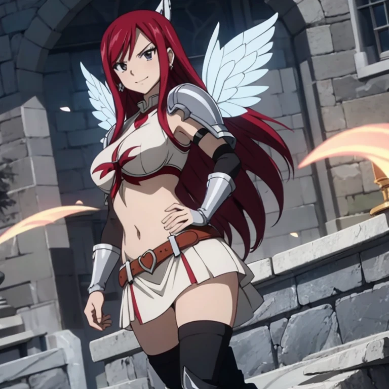 1girl, solo, erza scarlet, fairy tail, red hair, brown eyes, breasts, weapon, navel, sword, holding, long hair, armor, cleavage, hair over one eye, dual wielding, wings, large breasts, midriff, choker, looking at viewer, gauntlets, holding weapon, holding sword, <lora:erza:0.7><hypernet:sgqo1n:1.0>