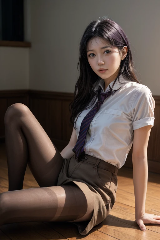 ((Evangelion、Katsuragi Misato))、Ulzzang - 6500 - V1.1, ( RAW photo:1.2), ( Photorealistic), (Genuine: 1.4), A woman wearing a skirt and jacket is sitting on the floor, hyper現実的な high school girl with visible armpits, a hyper現実的な high school girl with visible armpits, かわいい high school girl with visible armpits, 現実的な high school girl with visible armpits, wear A masterpiece portrait of a 、balance , A masterpiece portrait of a 、balance ,  high school girl with visible armpitsの格好をした, Japanese girls uniform, wear school uniformいる, wear , ( Ultra Realistic Pantyhose :1.3),  high school girl with visible armpits,  pose, Girl in uniform、((Evangelion、Katsuragi Misato))、