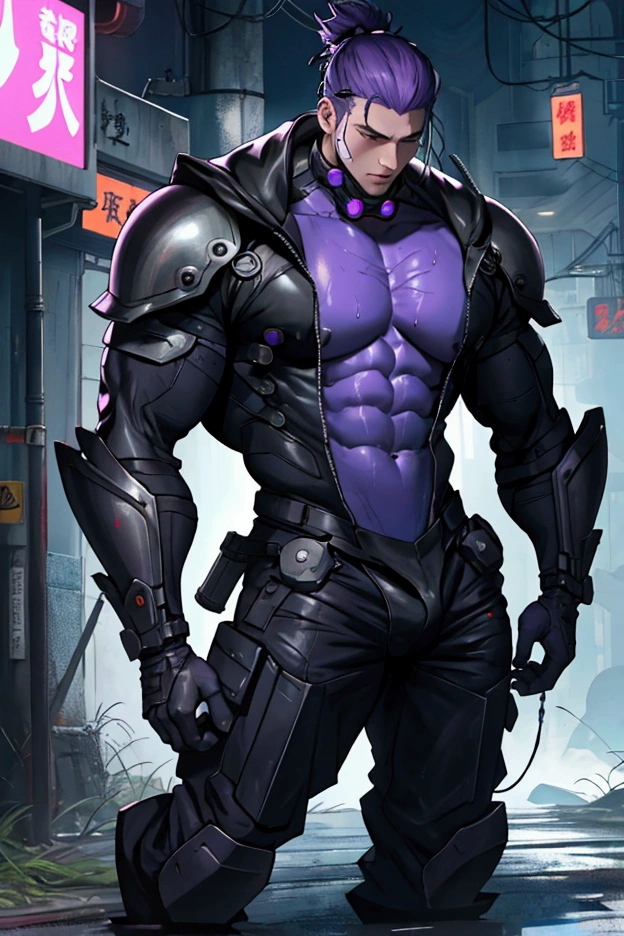 ((((Massive, beautiful, buff, muscular pale white skinned female ninja with violet hair, black lipstick, ginormous bulky muscles, holding a violet purple fire sword and wearing a purple cybernetic ninja armor with pants)))), (close view), black eyeliner, massive muscles, large breast, massive biceps, hyper muscle triceps, (long hair with long bangs), black eyes, mask, ninja boots, In a futuristic city, steel ninja armor, nighttime, closed smile, hyper muscles arms, hyper muscle legs, ginormous arms