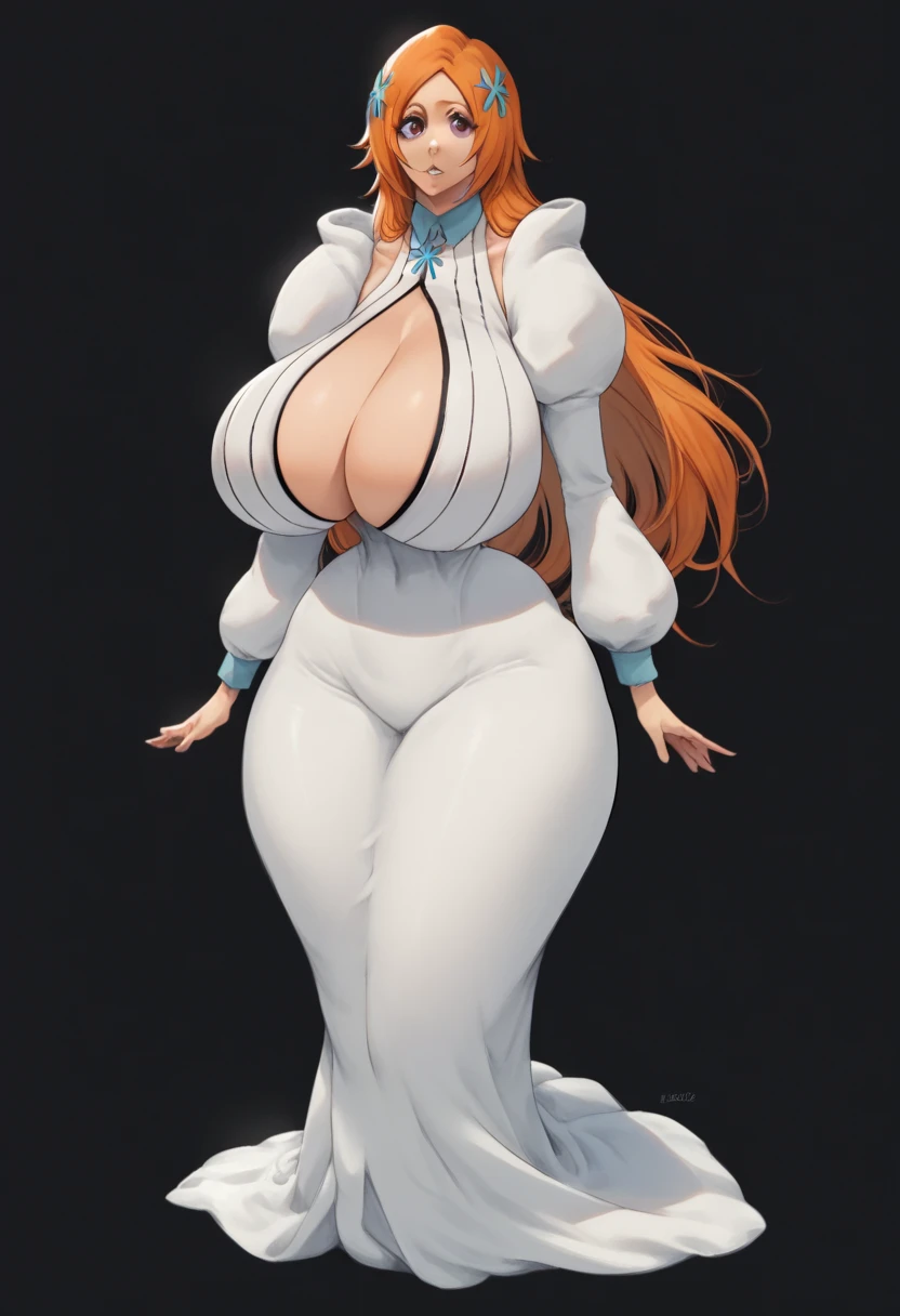 (parted lips:1.2), :1.2) eft_bleach_orihime, orihime the thousand year blood war arc, full body, black background, simple background,1girl, inoue orihime, solo, female, tall, long hair, orange hair, grey purple eyes, white dress bleach, huge breasts, sleeves, hair ornament, bare stomach, naval, large breasts, wide hips, thick thighs, big ass, gyatt, giant ass, narrow waist, looking at viewer, tight white dress, the thousand year blood war outfit orihime, cleavage, hairclip, purple eyes, happy, from front,