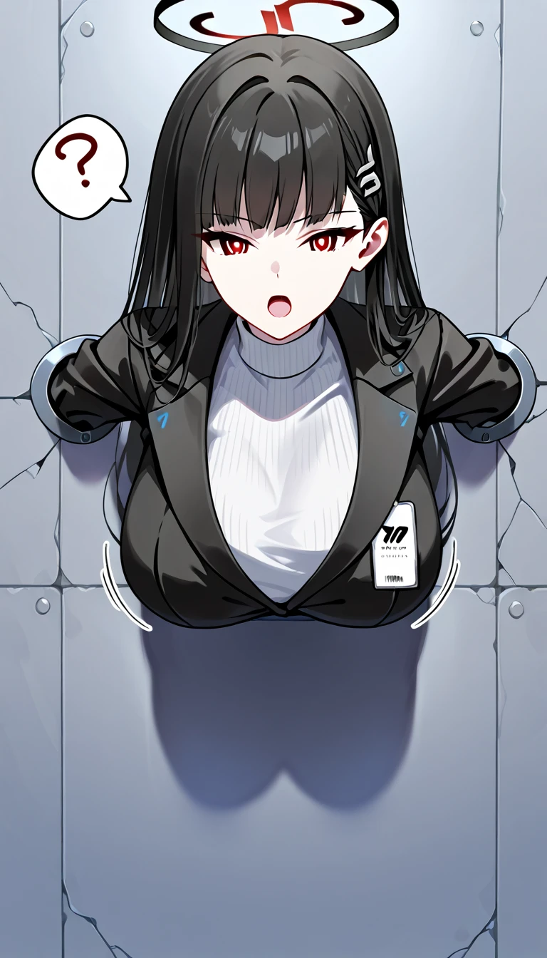 score_9, score_8_up, score_7_up, score_6_up, score_5_up, score_4_up,source_anime,  1girl, solo,  (Rio \(blue archive\), black hair, red eyes, ringed eyes, white pupils, hairclip, halo, black jacket, white turtleneck sweater), large breast,　afraid , (spoken question mark:1.2), troubled eyebrows,   (glory wall:1.4),through wall, stationary restraints, (upper body:1.3), restrained, stuck,  (movement lines:1.2), (impact lines:0.8), (extremely moaning:1.2),   front view