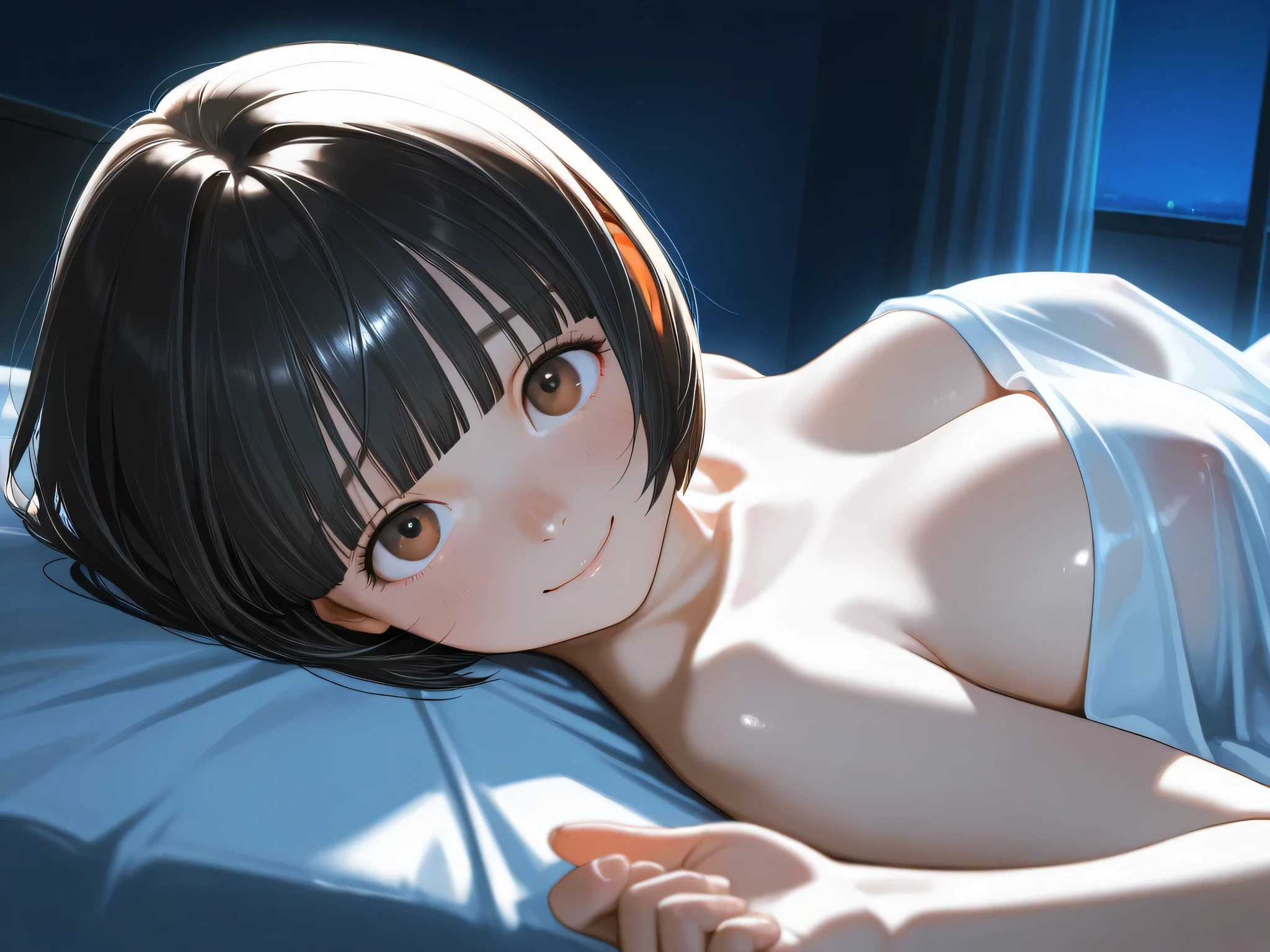 1girl, lying on back, on bed, from side, looking at viewer,
BREAK girl, 22yo, short hair, (bob cut:1.2), ear, (blunt bangs), black hair, (tareme, detailed cute brown eyes), curled eyelashes, (large breasts:0.8), 
beautiful detailed eyes, beautiful face,
naked sheet, see-through,
embarrassed, forced smile, upturned eyes,
bedroom, night, dark room, cinematic lighting,
masterpiece, best quality, amazing quality, very aesthetic, absurdres, newest, (realistic:1.2), super detailed, extremely detailed, nsfw, explicit