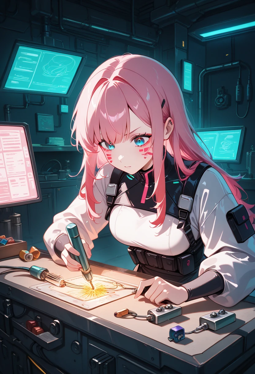  Cyberpunk pastel art ,1girl, futuristic workshop, pink hair, long hair, face mark, intense focus, soldering iron,carefully,repaired item on her workshop, industrial part, 