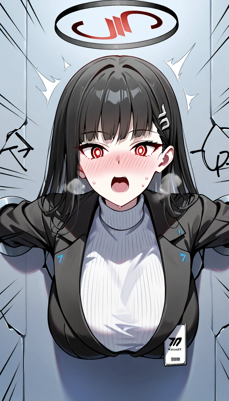 score_9, score_8_up, score_7_up, score_6_up, score_5_up, score_4_up,source_anime,  1girl, solo,  (Rio \(blue archive\), black hair, red eyes, ringed eyes, white pupils, hairclip, halo, black jacket, white turtleneck sweater), large breast,　nose blush, orgasm, ecstasy, surprised, (wide eyed:1.2), heavy breath, sweat,,   (glory wall:1.4),through wall, stationary restraints, (upper body:1.3), restrained, stuck,  (movement lines:1.2), (impact lines:0.8), (extremely moaning:1.2),   front view