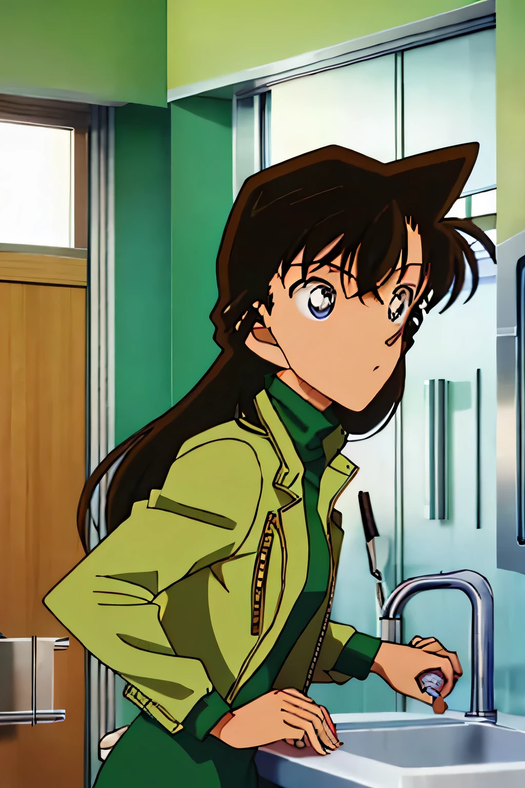 {{{mouri ran}}},{{{Detective Conan}}},{{{long hair}}},{{{official style}}},{{{adult}}},green dress,one-piece dress,turtleneck,green miniskirt, {light green cropped mini jacket},{light green cropped mini jacket},green socks,,sink,laundry,kitchen,bringing upper body to the sink,open,back view of leaning forward