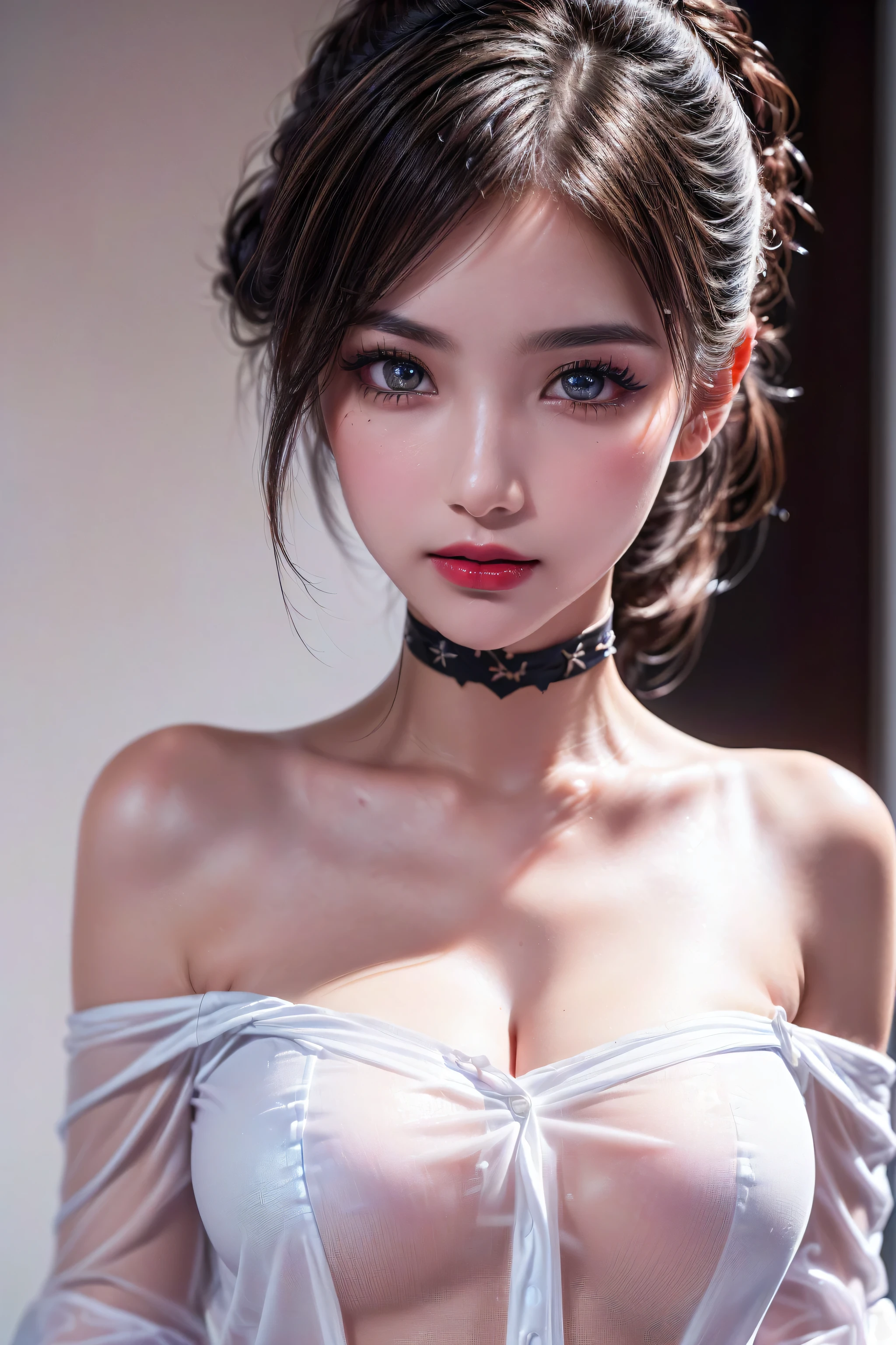 a 20 yo woman、A dark-haired、(Shortcuts for 7 and 3 departments:1.3)、dark themed、Muted Tones、Subdued Color、highly contrast、(natural skin textures、Hyper-Realism、Soft light、sharp)、(masuter piece:1.3)、(8K、Photorealsitic、Raw photography、top-quality: 1.4)、Beautiful expression、(Lifelike face)、Beautiful hairstyle、realisticeyes、Beautiful details、（real looking skin）、Beautiful skins、（White lace bodysuit）、absurderes、enticing、超A high resolution、A hyper-realistic、high-detail、the golden ratio、medium breasts⁩、super model