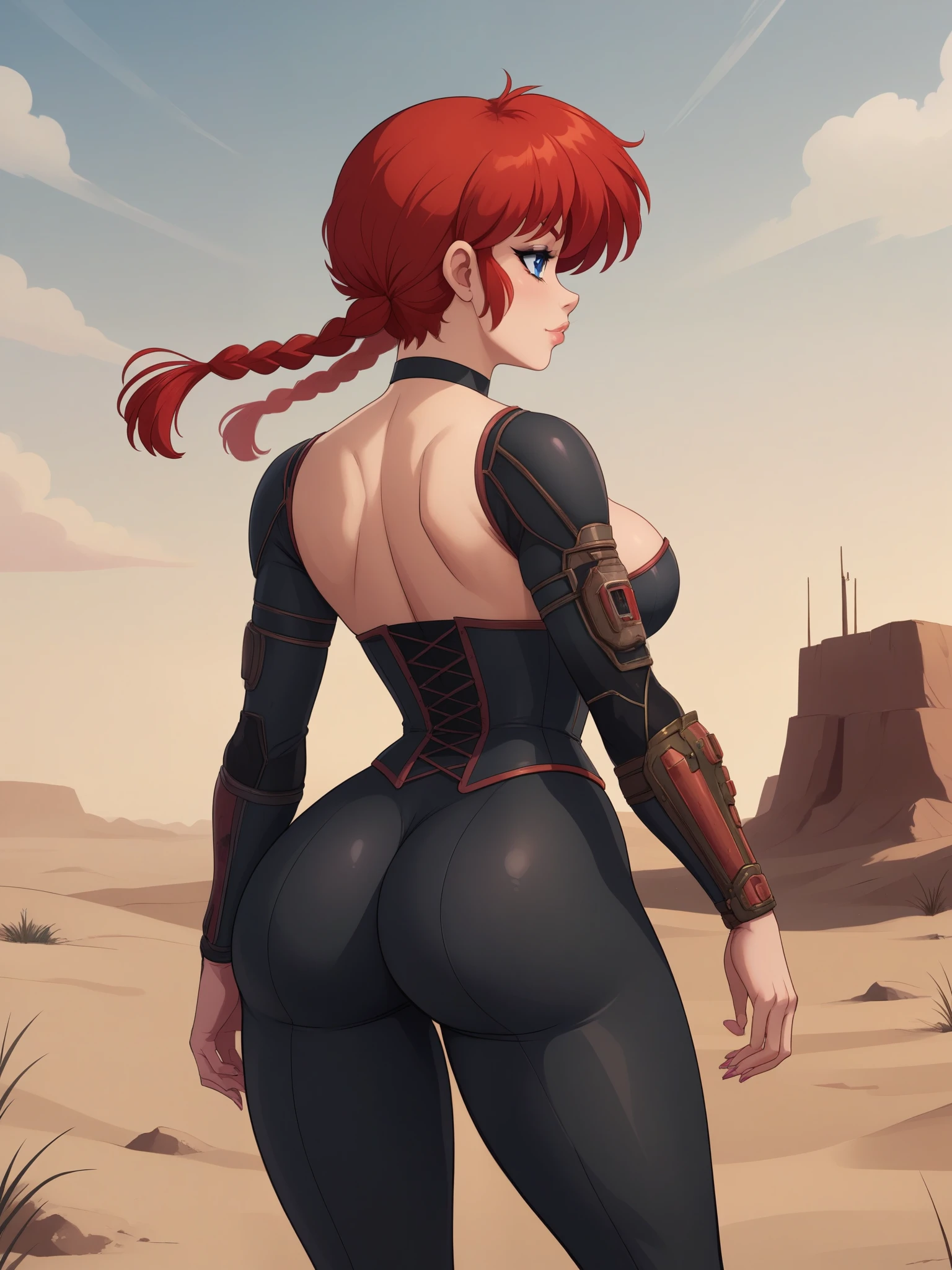 Ranma Saotome. red hair. Blue eyes. pigtail. small saggy breasts. hige hips. choker. black eyeliner. pink manicure. corset. fallout suit. desert. settlement. rear view. 