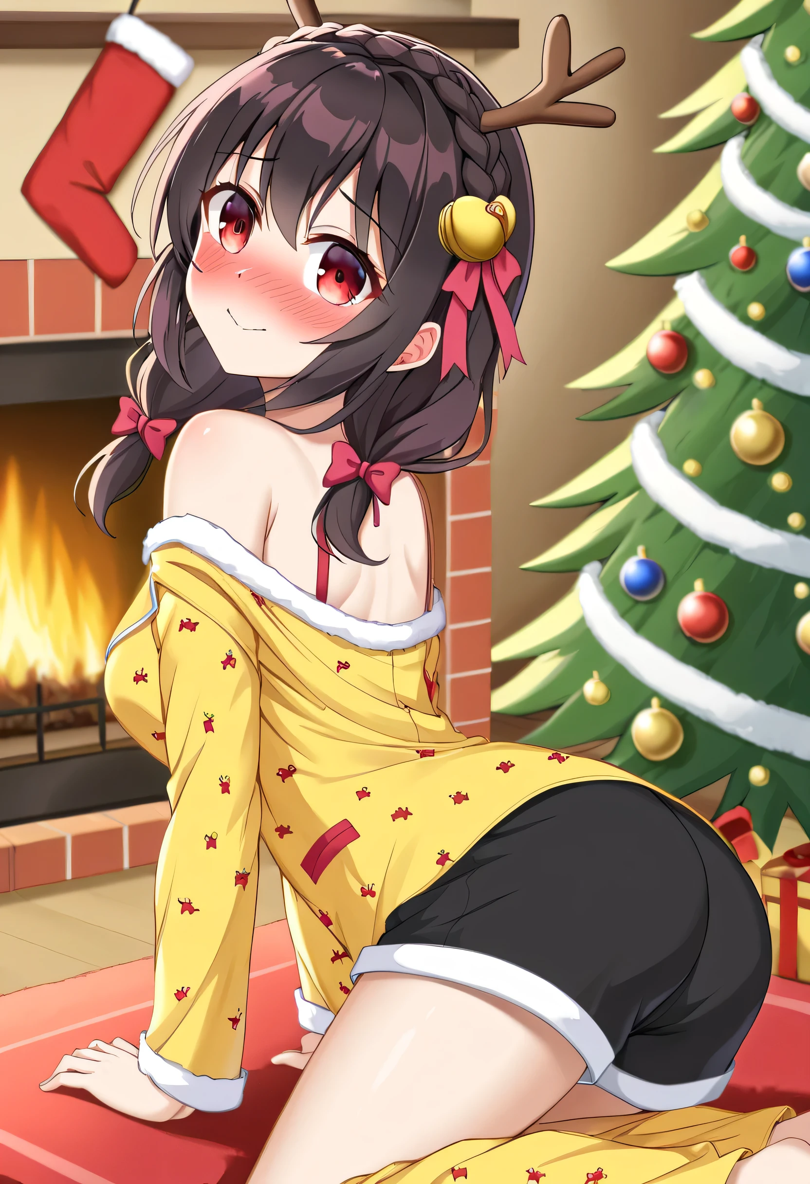 yunyun、masterpiece, top quality,  high definition ,(One person), Yunyun、  crown braid the same color as the hair,  black hair、 red eyes、 hair accessories , (yellow pajamas with open shoulders )、Pajamas with black shorts 、 big-breasted 、(blush)、( Christmas tree :1.2)、Looking up、( embarrassed smile )、View the viewer、Looking Back、fireplace