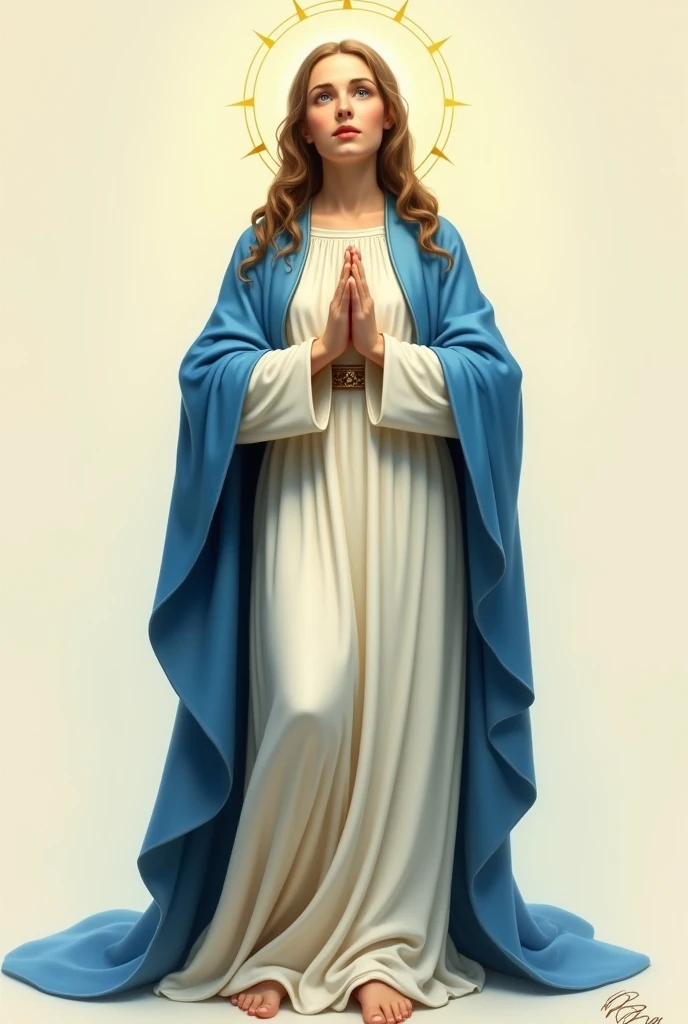 Beautiful woman with open arms, detailed light blue eyes, wearing a blue tunic with wide, long sleeves adjusted at the waist by an interlaced white sash