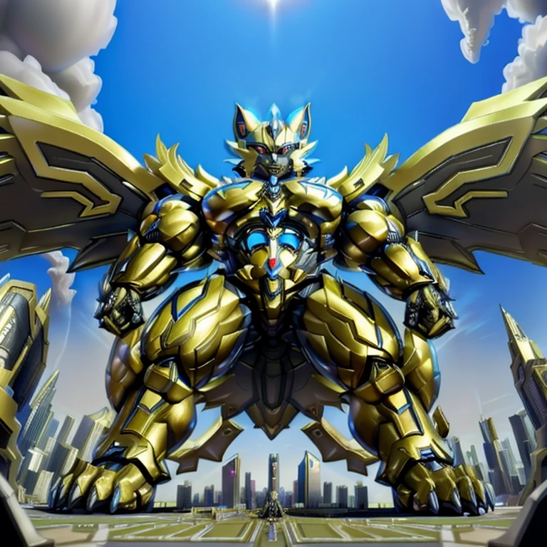 ZERAORA fused with an extra latex muscle suit, transforming into a colossal titan. (masterpiece. official art. 8k. best quality. detailed full body. full body.)
(situation 1 : dominating zeraora. focus GIANT mechanical Muscular zeraora is trampling the CITY. macro. stomp. Low-angle perspective. emphasizing the immense size. The perspective is from below, emphasizing the sheer majesty and power of the Giant. giant art. He is much bigger than a skyscraper. Giga Giants. micro soccer field. looking down.)

(situation 2 :smoke and flames rising from the destruction in the city)

(Additional details 1: wearing a full-face helmet. helmet is jet black. The color of NANOSUIT is jet black. high-tech bio-mecha armor. real texture material. whole body shines like metal. Wearing cyberpunk mecha. emphasizes the muscles. suit fully made of metal. intricate armor. Robotic suit. suit fully made of metal. no face.). (zeraora has 5 toes.) Wearing a Full Face Toxic Gas Mask. no blue.
An arrogant expression.
smile at the corner of your mouth.

(Additional details 2: (Detailed head. Detailed Body. Detailed abs. gigantic muscles. HYPER MUSCLES. Gigachad Muscular. big muscle. pecs. triceps. traps. unusually developed muscular body. body full of huge muscles. showing off muscles. pectorales enormes. Exaggeratedly huge muscles. huge muscles. long legs.).
A colossal titan towering over a city, with a horrified crowd looking up.
(Additional details 3: nj5furry, Spread wings. It has wings. black have big wings. The claws are sharp. Sharp teeth.5 toes.).  