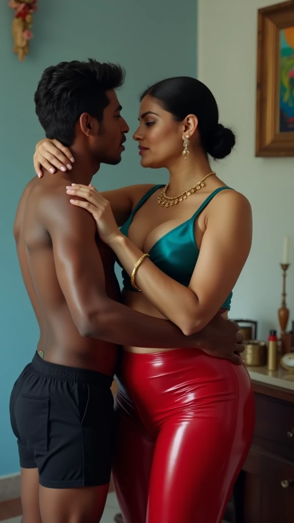 A thick 50 years old Indian woman,holding breasts with her hands,screaming from pain,closed eyes,extrem painful face expression, one man putting big 8 inch ???? in her pussy from back side,big breasts,sexy figure,big ash,on a bed,wearing full length v neck green color silk nighty,on breast is visible,bun hair style,glowing light color skin,day time,ultra realistic,8k,detailed clothing,POV ??????????? from side view,facing viewer side