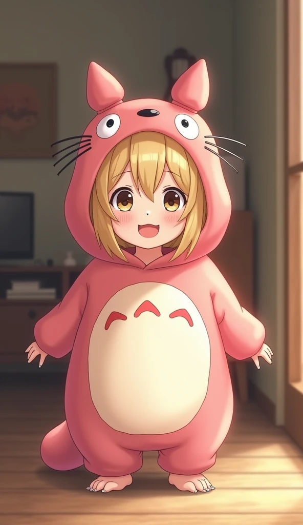 (8k, RAW photo, best quality, masterpiece:1.2),  doma umaru, hood, white shirt, shorts, indoor, (((chibi))), 
 cat pillow