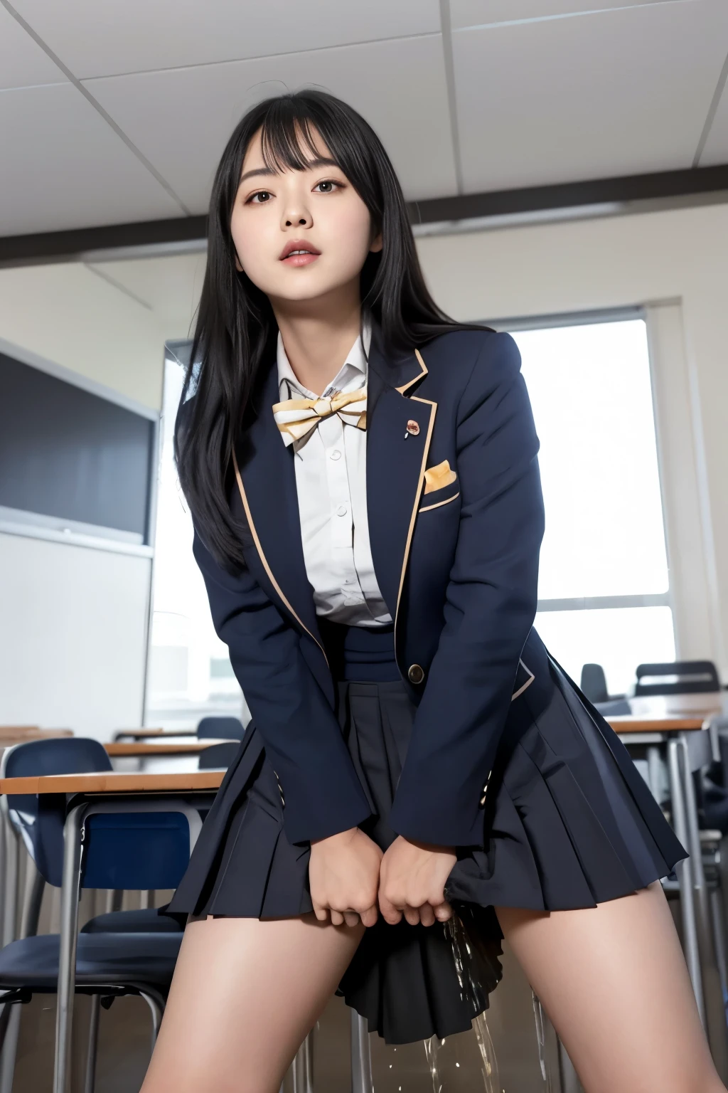  greatest masterpiece、( top quality:1.4)、1girl、(nsfw)、 super detailed、(low angle)、 female view from directly below　 black hair、 big eyes、 see here　 Japanese High School Girl Uniforms、Navy Blue Blazer、 pleated skirt 　 long foot、 Soft Thighs　standing、 Standing Woman、Pose to stand with your crotch、Standing and peeing、立ってUrinating、Hold the skirt with your hands　Urinating、A lot of pee、 pee 、 pee、Drop pee 、peeing woman、 pee from under the skirt 　Ceiling background 、classroom