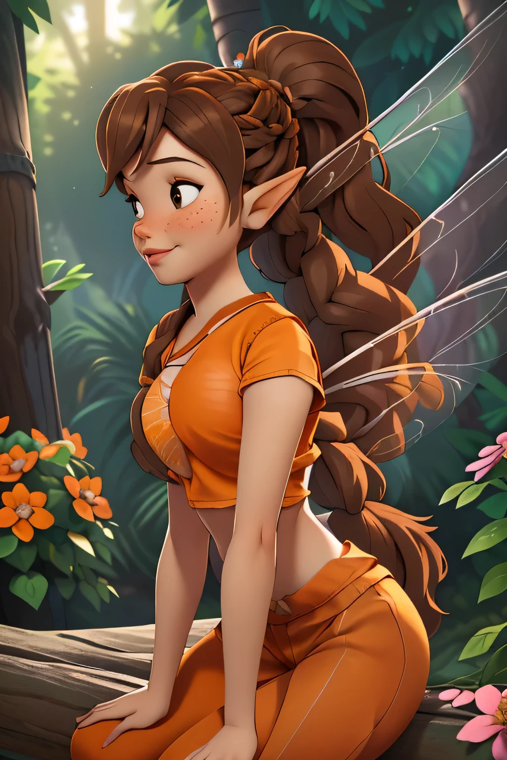 1girl in, age18, Fawn Waifu, photo of perfect woman, miniature ferry, Solo, (miniature girl and a huge world: 1.2), Aesthetic artwork, (long brown hair, very long brunette braided ponytail:1.25), (some small freckles, pale skin, large breasts, D-cup, runners body, very thin waist, skinny, petite, detailed skin texture), (fairy wings, big fairy wings, fairy ears: 1.33), ((she is wearing a low rise sweatpants, grey sweatpants, orange cropped t-shirt, crop top, orange shirt, cropped: 1.5), (sitting on a wood bed in treehouse cabin, shy smile, glossy lips, focus on breasts:1.2), (surrounded by huge flowers and trees, tiny girl surrounded by giant objects, detailed outdoor park:1.3), (extremely detailed 8k wallpaper), soft lighting, high quality, film grain, Fujifilm XT3 sharp focus, f 5.6, 50mm, High Detail, Sharp focus,(natural light), crazy details, complex details, hyper detailed. (cowboy photo:1.2), light particles, sfw