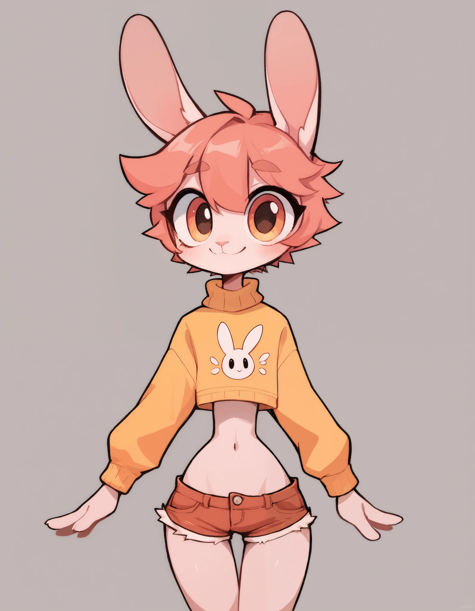 kimkrab,, score_9,score_8_up, score_7_up, Best quality , Very detailed illustration, (Anthropomorphic furry rabbit boy:1,7) , tousled voluminous hair, Playful look, Slim, ideal body, thin waist,  wide hips, Simple drawing, Artifyber style, pastel flat colors, Cute, cartoon, sweater, short shorts