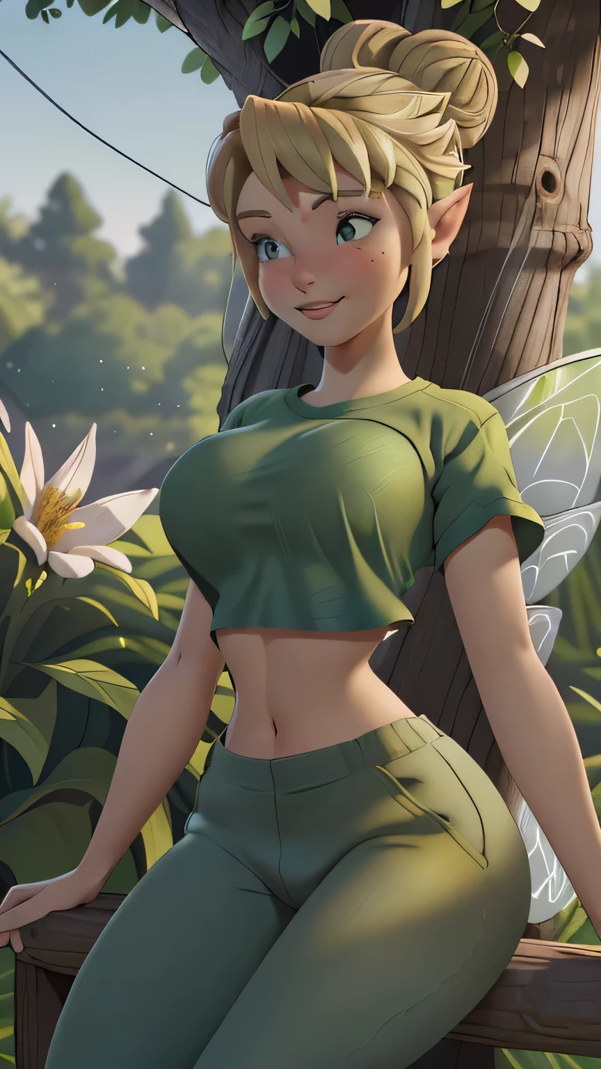 1girl in, age18, Tinkerbell Waifu, photo of perfect woman, miniature ferry, Solo, (miniature girl and a huge world: 1.2), Aesthetic artwork, (single bun, short hair, Short blonde hair in the bun:1.25), (some small freckles, pale skin, large breasts, DD-cup, runners body, very thin waist, skinny, petite, detailed skin texture), (fairy wings, big fairy wings, fairy ears: 1.33), ((she is wearing a low rise sweatpants, grey sweatpants, green cropped t-shirt, crop top, green shirt, cropped: 1.5), (sitting on a wood bed in treehouse cabin, shy smile, glossy lips, focus on breasts:1.2), (surrounded by huge flowers and trees, tiny girl surrounded by giant objects, detailed outdoor park:1.3), (extremely detailed 8k wallpaper), soft lighting, high quality, film grain, Fujifilm XT3 sharp focus, f 5.6, 50mm, High Detail, Sharp focus,(natural light), crazy details, complex details, hyper detailed. (cowboy photo:1.2), light particles, sfw