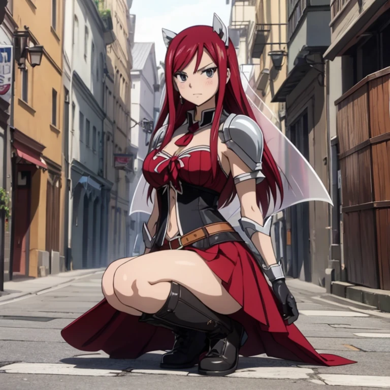 Erza Scarlet (Fairy Tail),Solo, 1girl, Masterpiece, High Resolution, Best Quality, Super Detailed, Sharp Focus, Full Body, Scarlet Hair, Large breasts, Diamond-shape Silver Earrings, Brown Eyes, Long Hair, Slender, Voluptuous Figure, Fairy Tail Mark Tattoo on Left Arm, A Custom-Made Armor by Heart Kreuz Smiths, A Blue skirt, Black Boots, Full Blush, 