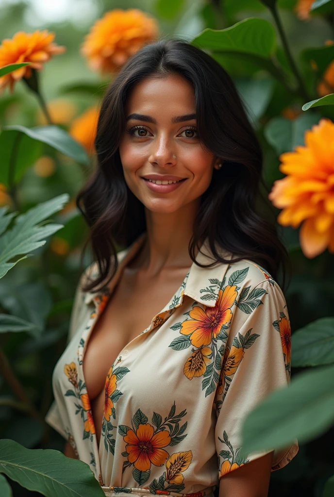 A Brazilian woman in a lush tropical garden, wearing an open shirt with a floral print, with a close-up capturing the harmonious beauty between her breasts and the natural flowers, showing off your natural charm and outgoing personality.