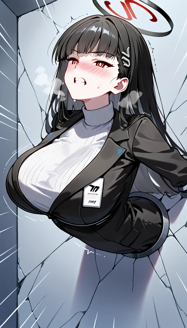 score_9, score_8_up, score_7_up, score_6_up, score_5_up, score_4_up,source_anime,  1girl, solo,  (Rio \(blue archive\), black hair, red eyes, ringed eyes, white pupils, hairclip, halo, black jacket, white turtleneck sweater), large breast,　nose blush, twitching, troubled eyebrows, (((arched back, wriggle herself), clench her teeth, orgasm, ecstasy)), closed eyes, heavy breath, sweat,   (glory wall:1.4),through wall, stationary restraints, (upper body:1.3), restrained, stuck,  (movement lines:1.2), (impact lines:0.8), (extremely moaning:1.2),   front view