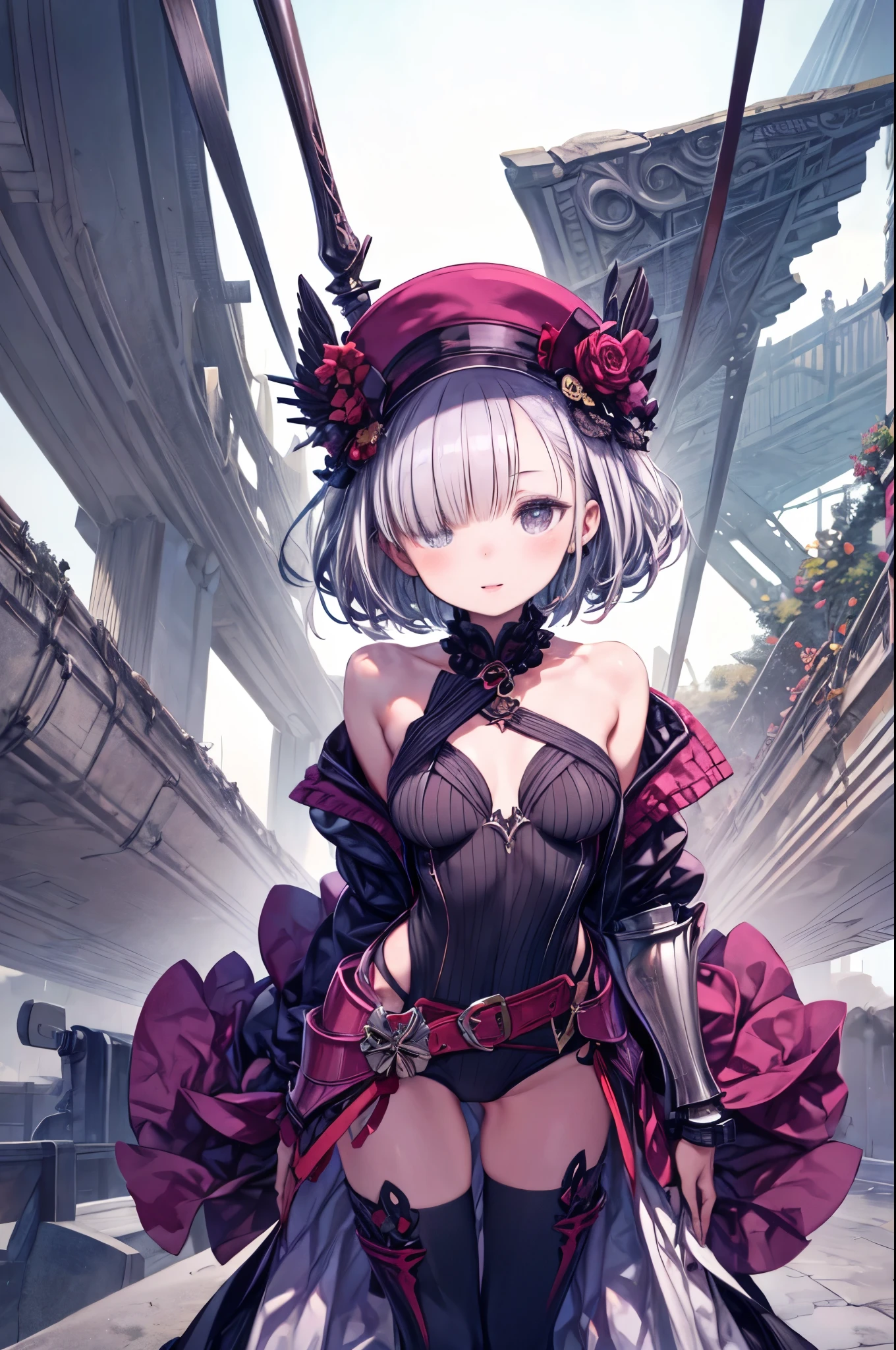 absurdres, RAW photo, extremely delicate and beautiful, masterpiece, Best Quality, ultra high resolution, 32k, hyperrealistic, ultra-detailed, detailed description, pale skin, 20 years old, tearful mole, earring, Colossal tits, short medium hair, wavy hair, Practical pirate clothing, Long-sleeved pirate top, Skirt,