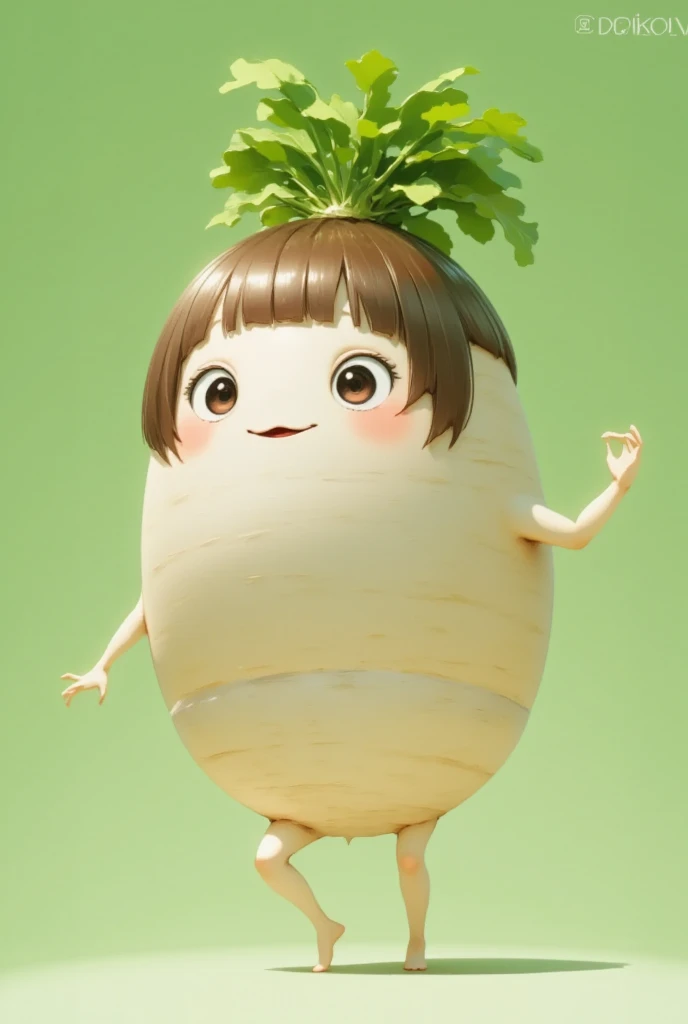 cute daikon, kawaii:2.0, 1girl,  radish motif with white letters on a green background,  anime illustration,  Character Designs , Girl with a  "Daikon" character sheet, dynamic poses 