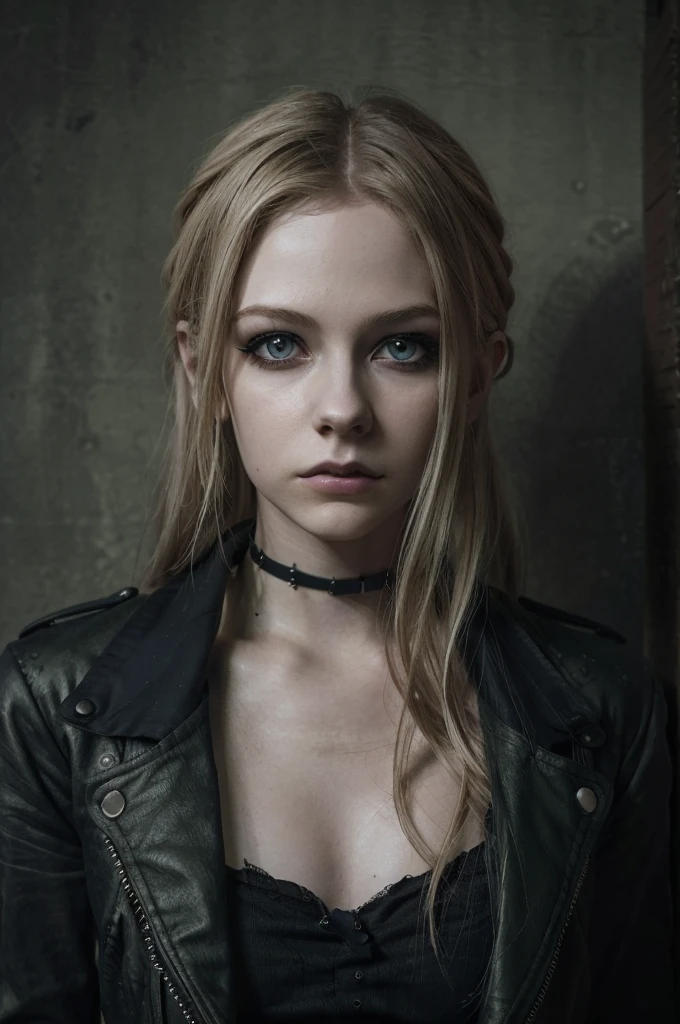 An extremely detailed digital painting of an enigmatic young woman in her late teens portrayed by a young Avril Lavigne with pale skin blonde hair and piercing violet eyes wearing punk clothing in a post apocalyptic scene with a look on her face that is somewhere between inviting and alluring and sinister and mischievous centered in the frame. Her blonde  hair flows down her back in voluminous waves, styled in a slightly tousled manner that adds dynamism to the portrait. The lighting is soft and diffused, casting subtle shadows and highlights that emphasize her facial features and the texture of her clothing while maintaining a somber mood. The background consists of dark, textured brushstrokes in shades of forest green and charcoal gray, which enhance the overall mysterious atmosphere without drawing attention away from the subject. The color palette includes deep blacks, pale porcelain whites, and accents of olive green, chestnut brown, and midnight blue, contributing to the apocalyptic aesthetic. The composition centers on the character's intense gaze, creating a captivating portrait with an alluring and sinister expression.
