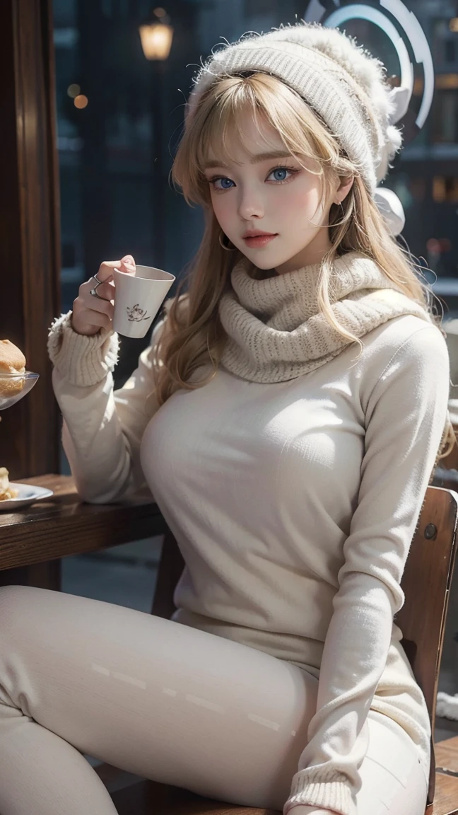 Asuma Toki,(best qualityer,4K,8k,high resolution,work of art:1.2)(weather: snowing), Mondstadt city background, coffee shop, winter outfit, long beige winter coat, winter sweater, elbow long mittens, winter beanie, winter leggings, christmas embroidery, winter boots, fur scarf, silver earrings, cheek mole, short wavy hair, blonde hair, ultra detailed, realistic,portraite,beautiful detailed blue eyes, glowing eyes,blush,beautiful detailed lips,extremely detailed eye and face, long eyelashes,sexly,average, large breasts,beaming smile, sexy smile,powerful girl, elegant pose, stunning curves, bright coloured,dramatic lighting, Christmas decorations, drinking coffee, cookies and pastries on the table,