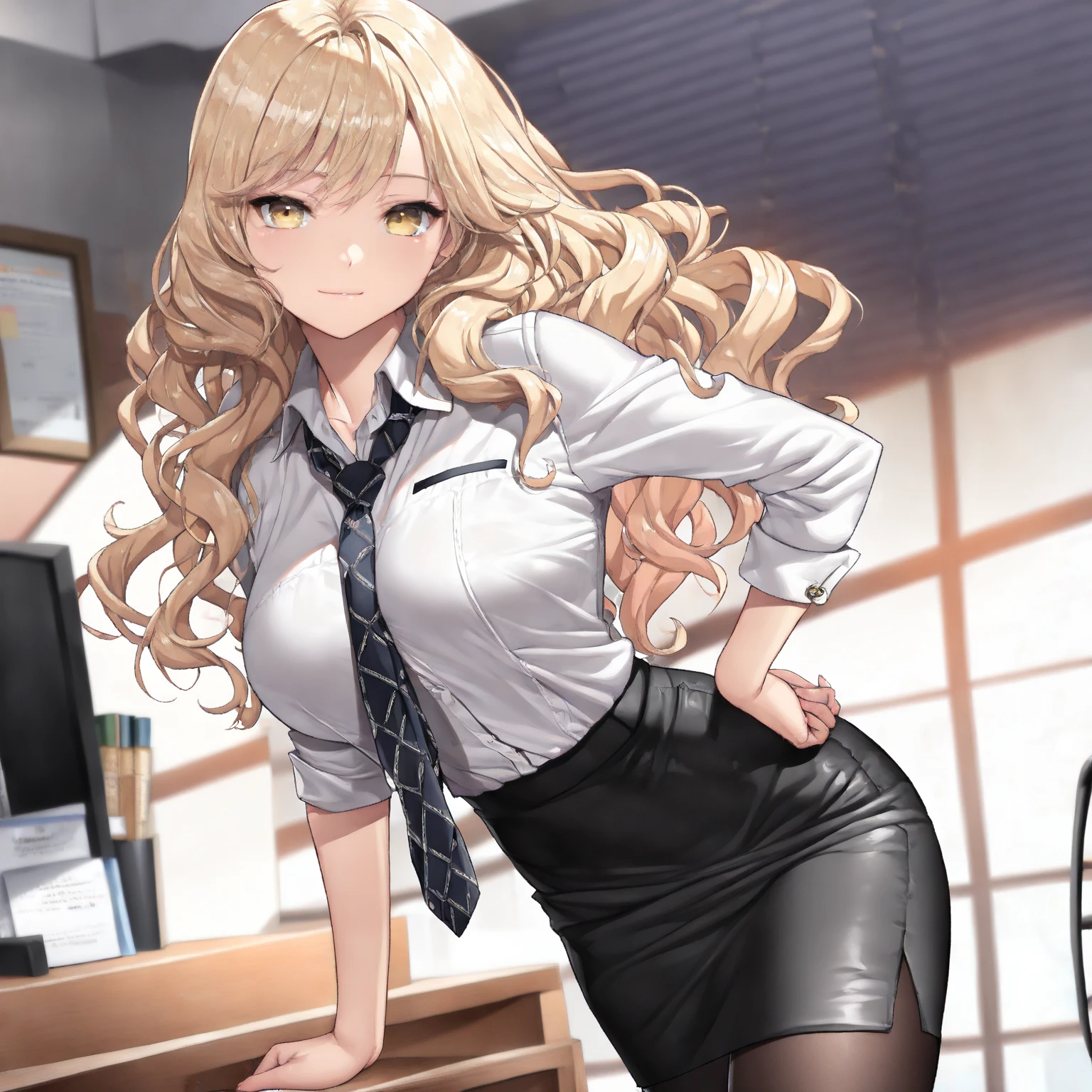 (Highest quality, High resolution, Very detailed), 1 female, Silver Hair, Long Hair, Reddish brown eyes, suits skirt, lace thong, Large Breasts, secretary, 24th generation, Beautiful woman, mature, thin, quiet, Calm, Large Breasts, A small smile, office,