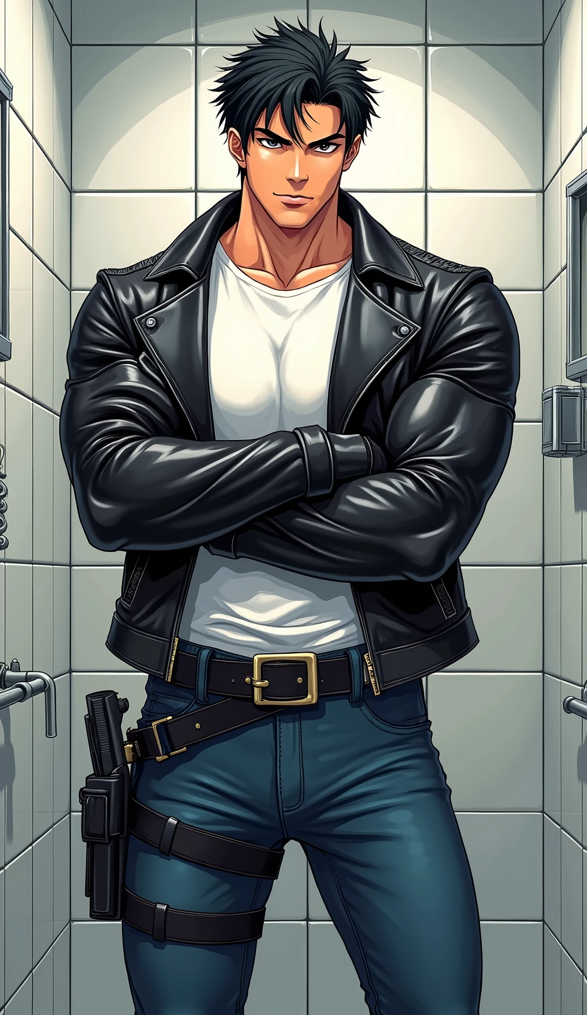 (original-art:1.2),(lineart:1.33), 1male, black hair, 1950s greaser, mature masculine muscular, handsome chisled facial features, muscular hairy body, 70s mustache, unbuttoned ripped white shirt, open shirt, un-zipped jeans, opened pants, pubic hair, huge crotch bulge, sexy, hot, jock, erotic, (hyperdefined),(inked-art), hero-angle, masculine stance, erotica, full body shot, cartoon, indoor, dramatic lighting, sidelighting,complex lighting,(full vibrant colors),hatched-texture,(fine-details:1.2),absurdres,flat-colors,ultradetailed, city street,