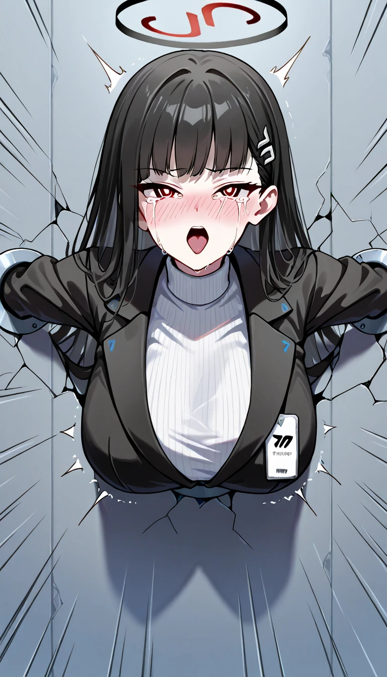 score_9, score_8_up, score_7_up, score_6_up, score_5_up, score_4_up,source_anime,  1girl, solo,  (Rio \(blue archive\), black hair, red eyes, ringed eyes, white pupils, hairclip, halo, black jacket, white turtleneck sweater), large breast,　ahegao, nose blush, drunken eyes, (Crying a lot:1.2), Sweaty, (orgasm face:1.4), (female orgasm:0.7),   (glory wall:1.4),through wall, stationary restraints, (upper body:1.3), restrained, stuck,  (movement lines:1.2), (impact lines:0.8), (extremely moaning:1.2),   front view