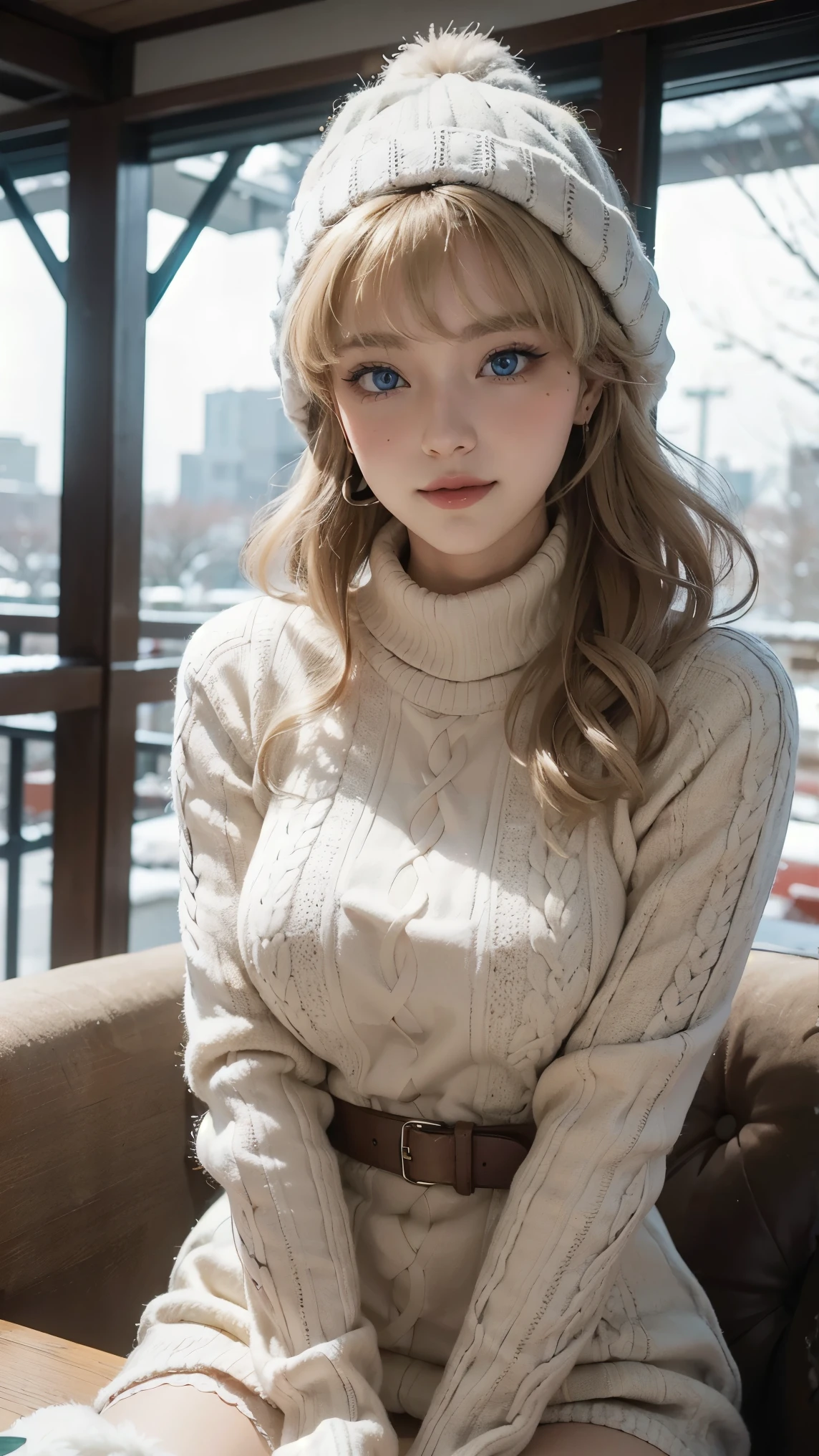 Asuma Toki,(best qualityer,4K,8k,high resolution,work of art:1.2)(weather: snowing), Mondstadt city background, coffee shop, winter outfit, long beige winter coat, winter sweater, elbow long mittens, winter beanie, winter leggings, christmas embroidery, winter boots, fur scarf, silver earrings, cheek mole, short wavy hair, blonde hair, ultra detailed, realistic,portraite,beautiful detailed blue eyes, glowing eyes,blush,beautiful detailed lips,extremely detailed eye and face, long eyelashes,sexly,average, large breasts,beaming smile, sexy smile,powerful girl, elegant pose, stunning curves, bright coloured,dramatic lighting, Christmas decorations, drinking coffee, cookies and pastries on the table,