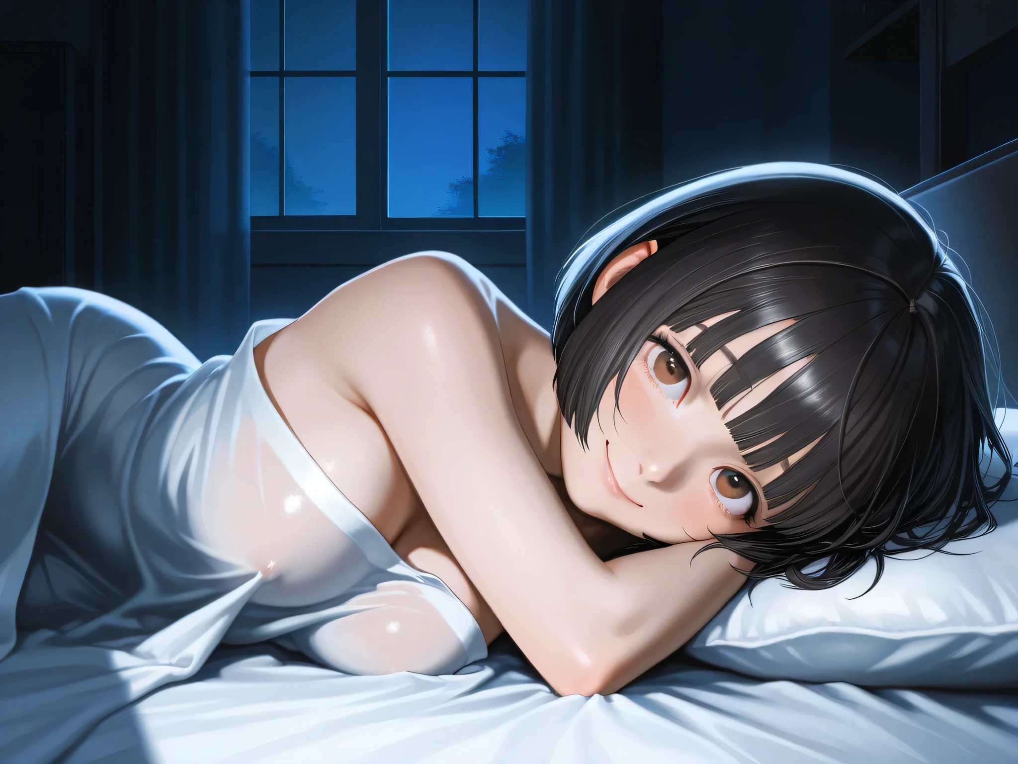 1girl, lying on side, on bed, from side, looking at viewer, cowboy shot,
BREAK girl, 22yo, short hair, (bob cut:1.2), ear, (blunt bangs), black hair, (tareme, detailed cute brown eyes), curled eyelashes, (large breasts:0.8),
beautiful detailed eyes, beautiful face,
naked sheet, see-through, covered nipples,
embarrassed, forced smile, upturned eyes,
bedroom, night, dark room, cinematic lighting,
masterpiece, best quality, amazing quality, very aesthetic, absurdres, newest, (realistic:1.2), super detailed, extremely detailed, nsfw, explicit