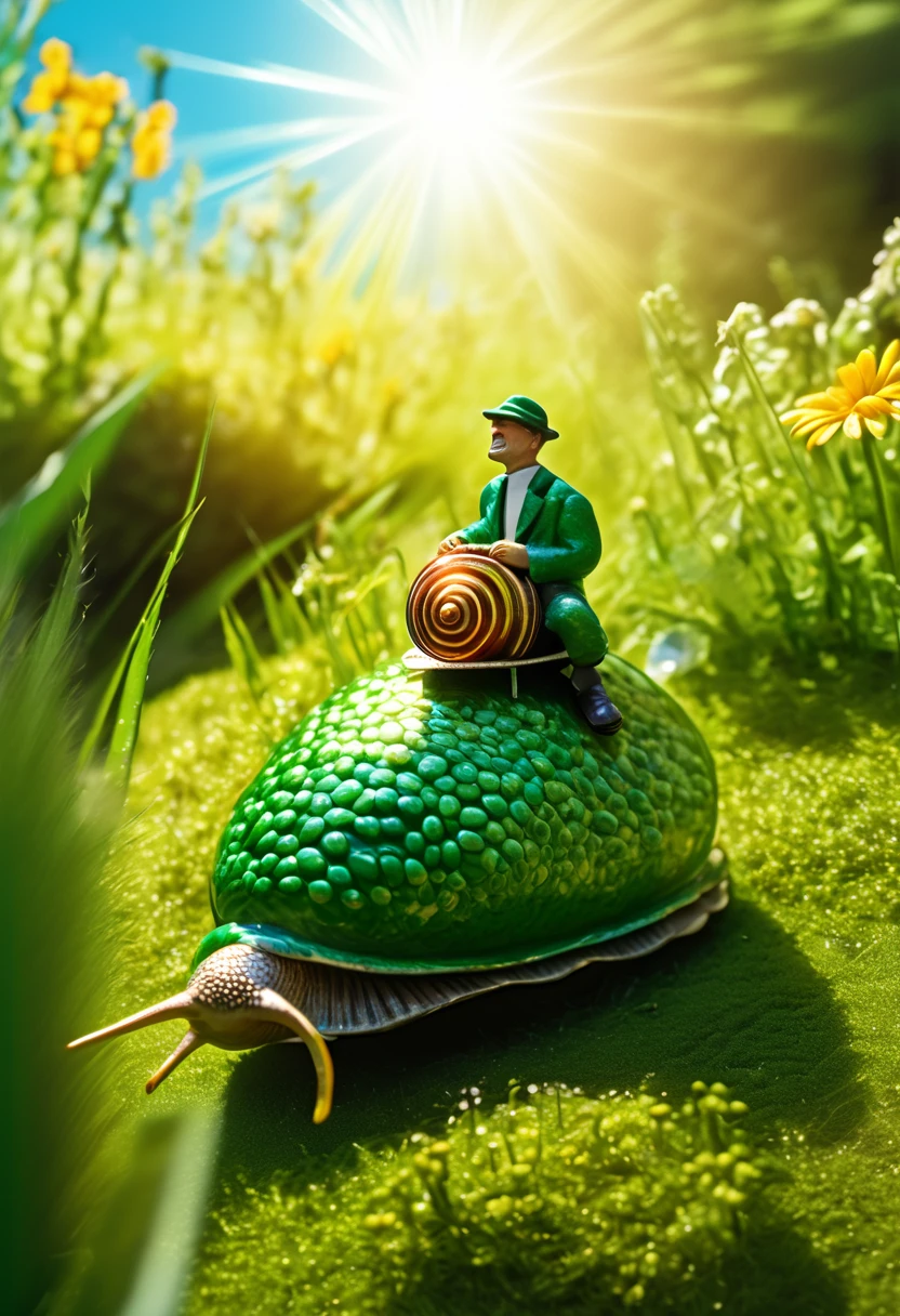 highly detailed closeup, a bright daytime shot of a miniature man wearing a green jacket, riding a snail, sunlight glinting off the snailâs wet, textured shell as it slowly glides across a lush garden. The man, holding a thread-like harness, sits confidently on the snailâs back as if embarking on an adventure. Around them, oversized blades of grass and wildflowers tower high, creating the impression of a vast, vibrant landscape. The sunlight filters through the leaves, casting dappled light on the ground and illuminating the snailâs glossy trail. The manâs expression is one of excitement and determination as he rides the snail through this towering natural world, with the scene feeling whimsical and full of wonder, bathed in the warmth of a sunny day,