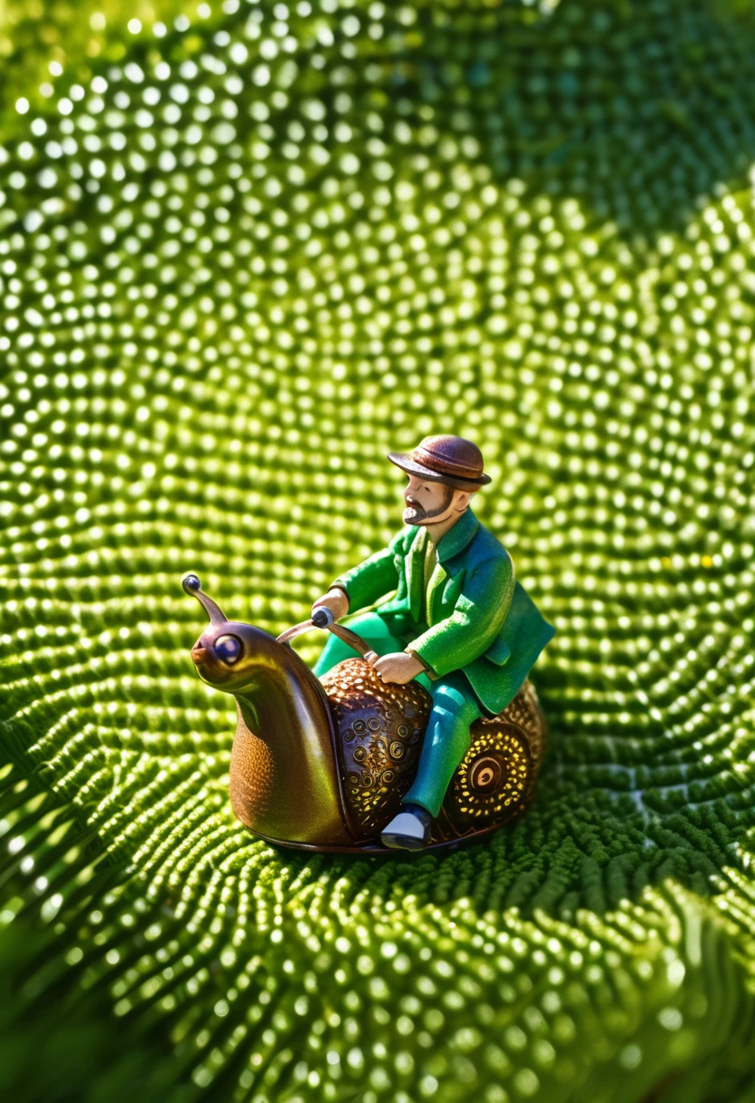 highly detailed closeup, a bright daytime shot of a miniature man wearing a green jacket, riding a snail, sunlight glinting off the snailâs wet, textured shell as it slowly glides across a lush garden. The man, holding a thread-like harness, sits confidently on the snailâs back as if embarking on an adventure. Around them, oversized blades of grass and wildflowers tower high, creating the impression of a vast, vibrant landscape. The sunlight filters through the leaves, casting dappled light on the ground and illuminating the snailâs glossy trail. The manâs expression is one of excitement and determination as he rides the snail through this towering natural world, with the scene feeling whimsical and full of wonder, bathed in the warmth of a sunny day,