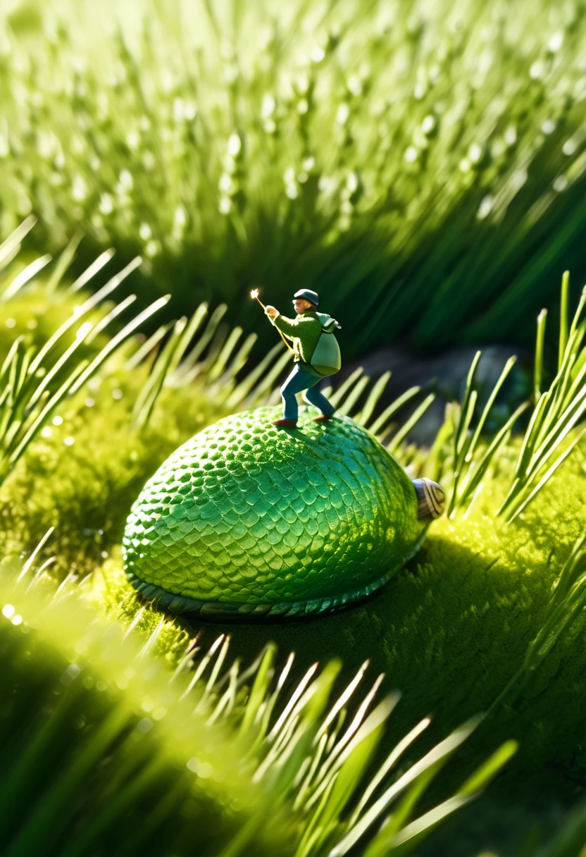 highly detailed closeup, a bright daytime shot of a miniature man wearing a green jacket, riding a snail, sunlight glinting off the snailâs wet, textured shell as it slowly glides across a lush garden. The man, holding a thread-like harness, sits confidently on the snailâs back as if embarking on an adventure. Around them, oversized blades of grass and wildflowers tower high, creating the impression of a vast, vibrant landscape. The sunlight filters through the leaves, casting dappled light on the ground and illuminating the snailâs glossy trail. The manâs expression is one of excitement and determination as he rides the snail through this towering natural world, with the scene feeling whimsical and full of wonder, bathed in the warmth of a sunny day,