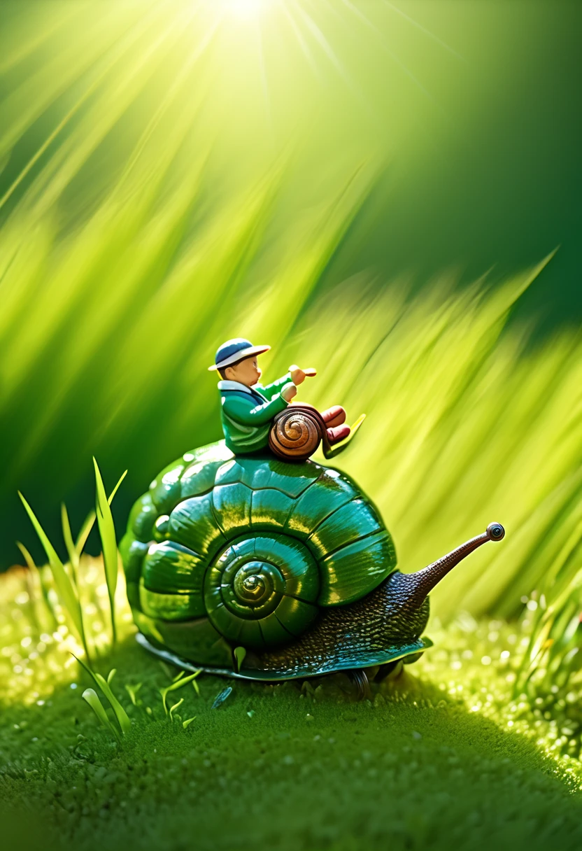 highly detailed closeup, a bright daytime shot of a miniature man wearing a green jacket, riding a snail, sunlight glinting off the snailâs wet, textured shell as it slowly glides across a lush garden. The man, holding a thread-like harness, sits confidently on the snailâs back as if embarking on an adventure. Around them, oversized blades of grass and wildflowers tower high, creating the impression of a vast, vibrant landscape. The sunlight filters through the leaves, casting dappled light on the ground and illuminating the snailâs glossy trail. The manâs expression is one of excitement and determination as he rides the snail through this towering natural world, with the scene feeling whimsical and full of wonder, bathed in the warmth of a sunny day,