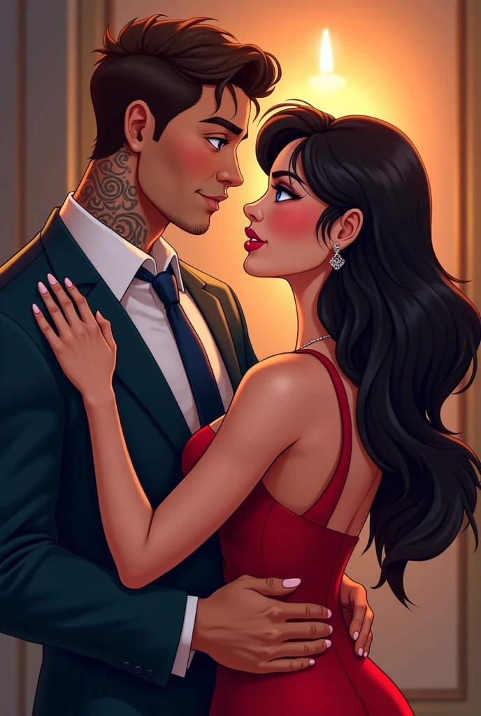 couple. chubby woman, breasts in the cleavage, redgown, brown eyes and brown hair, holding a big, strong man's tie, charming arab blue eyes, hair parted in the middle and long to the ear, black curly hair. Tauados and muscle, stylish dress, the woman holds a mask in her other hand. " I want the strong, tattooed, muscular man. Muscular man behind her. Ela usa um stylish dress longo azul " He is not cute"