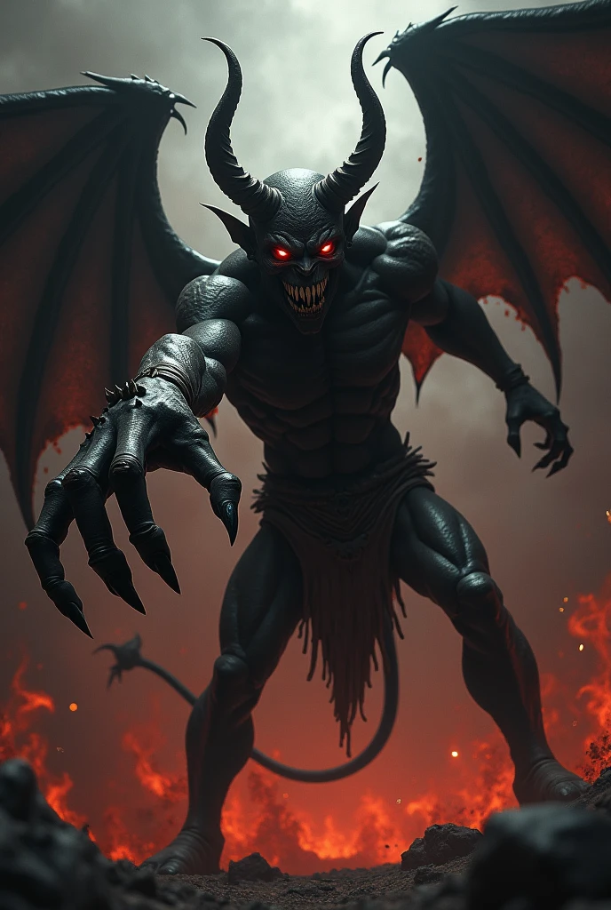 "Design a detailed 3D illustration of a fearsome demon standing in a dark, fiery underworld. The demon should have large, menacing horns, glowing red eyes, and sharp, jagged teeth. Its muscular body is covered in rough, dark skin with cracks that emit a faint, fiery glow. The demon's wings are large, tattered, and bat-like, casting eerie shadows across the rocky, lava-filled landscape. The atmosphere should be thick with smoke and embers, with a hellish red light illuminating the scene, highlighting the demon's terrifying presence and creating a sense of overwhelming dread."