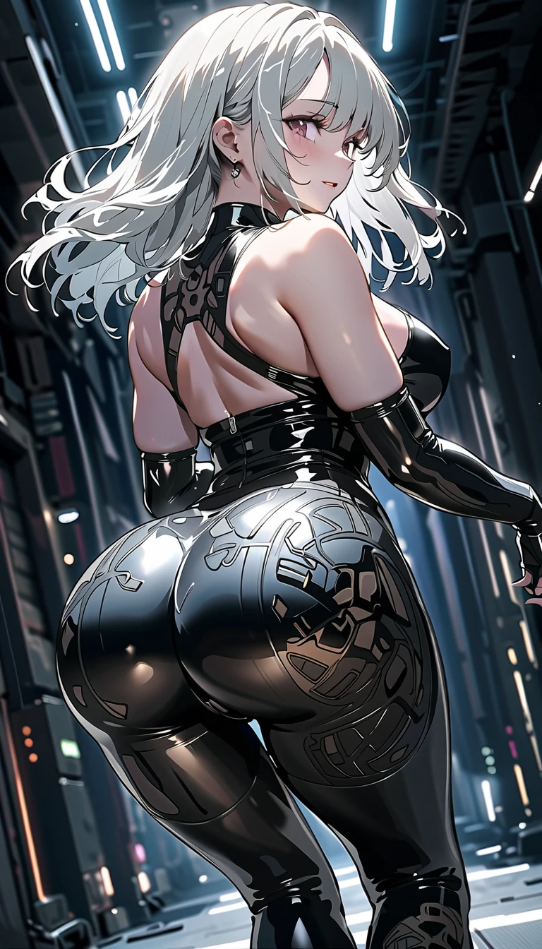 squat、Hunchback、Big Breasts、Accentuate your big butt、 （  dynamic composition seen directly from below:1.6）、 Transparent Hair 、((masterpiece,   top quality,     最 high image quality, cyberpunk.  high image quality)),    young pretty girl   ,(( Delicate latex black space pattern rubber suit)))Her back view、 Spin and laugh,Very delicate hair 、 upstyled hair .