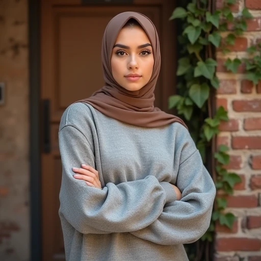  young pretty arabic woman from Marseille wearing an hijab, heavy sweat, jeans. Her skin has a nice tan color almost brown. She has natural black hair and has an arabic makeup.