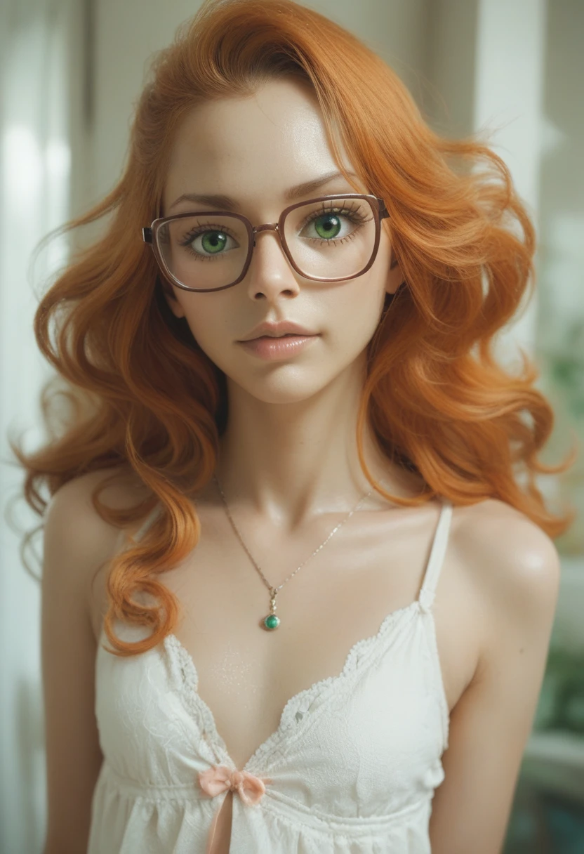 Nami (One Piece) with long orange wavy hair and large green eyes. Brown glasses. Loli flat chest with casual outfit. (Bleach art style)